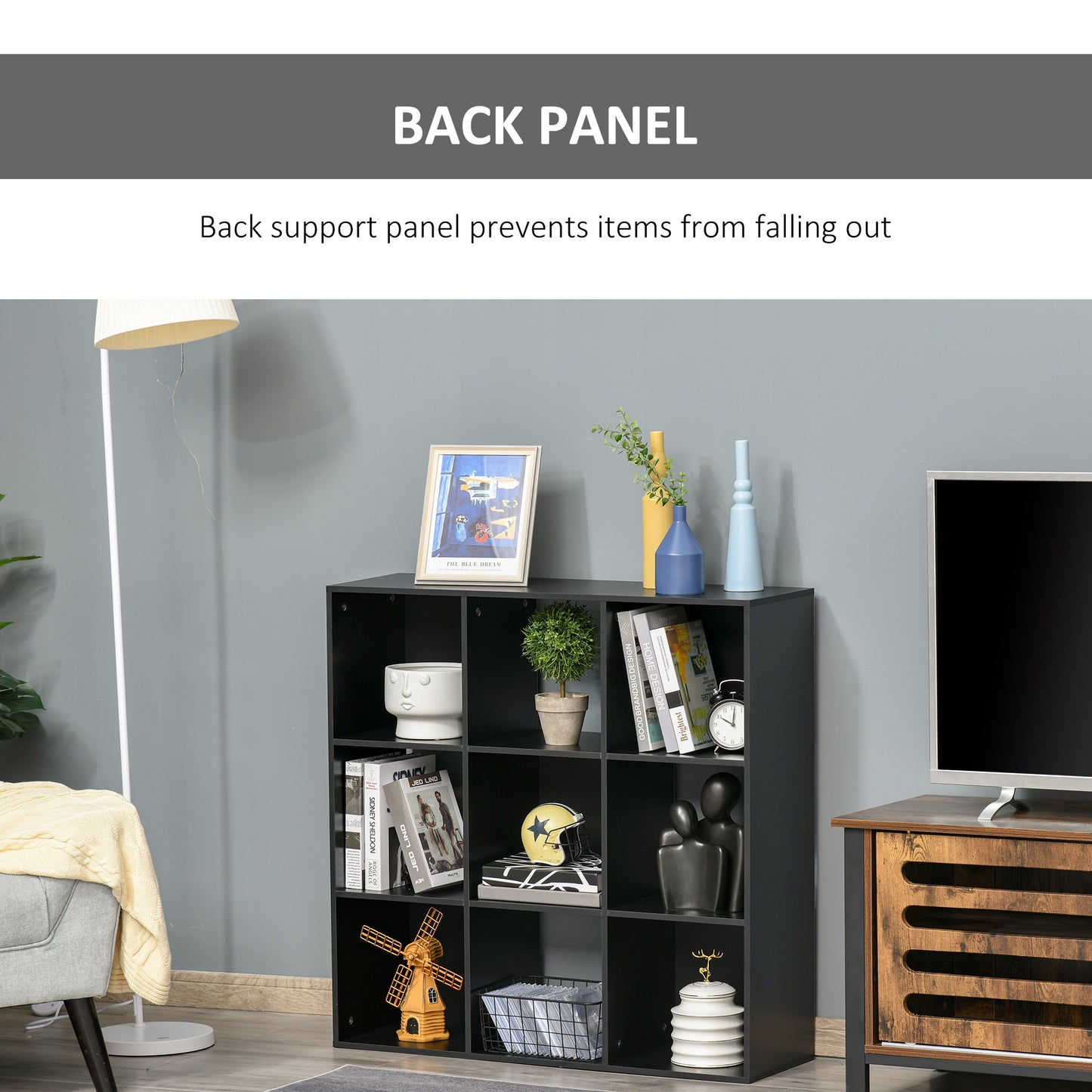 HOMCOM 3-tier 9 Cubes Storage Unit Particle Board Cupboard Bookcase Organiser Home Office Shelves, Black