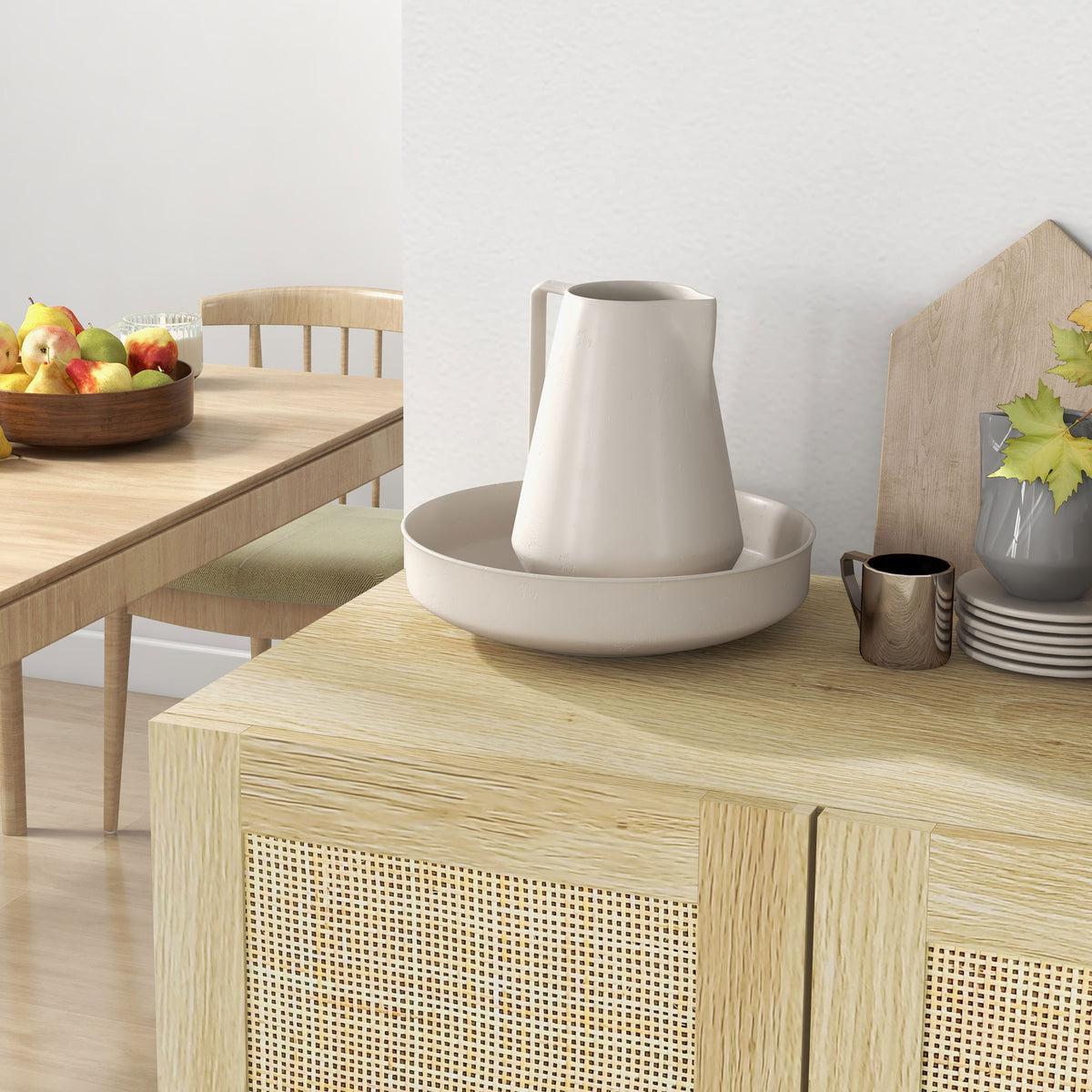 HOMCOM Sideboard Storage Cabinet, Boho Kitchen Cabinet with 2 Rattan Doors and Adjustable Shelves for Kitchen, Natural