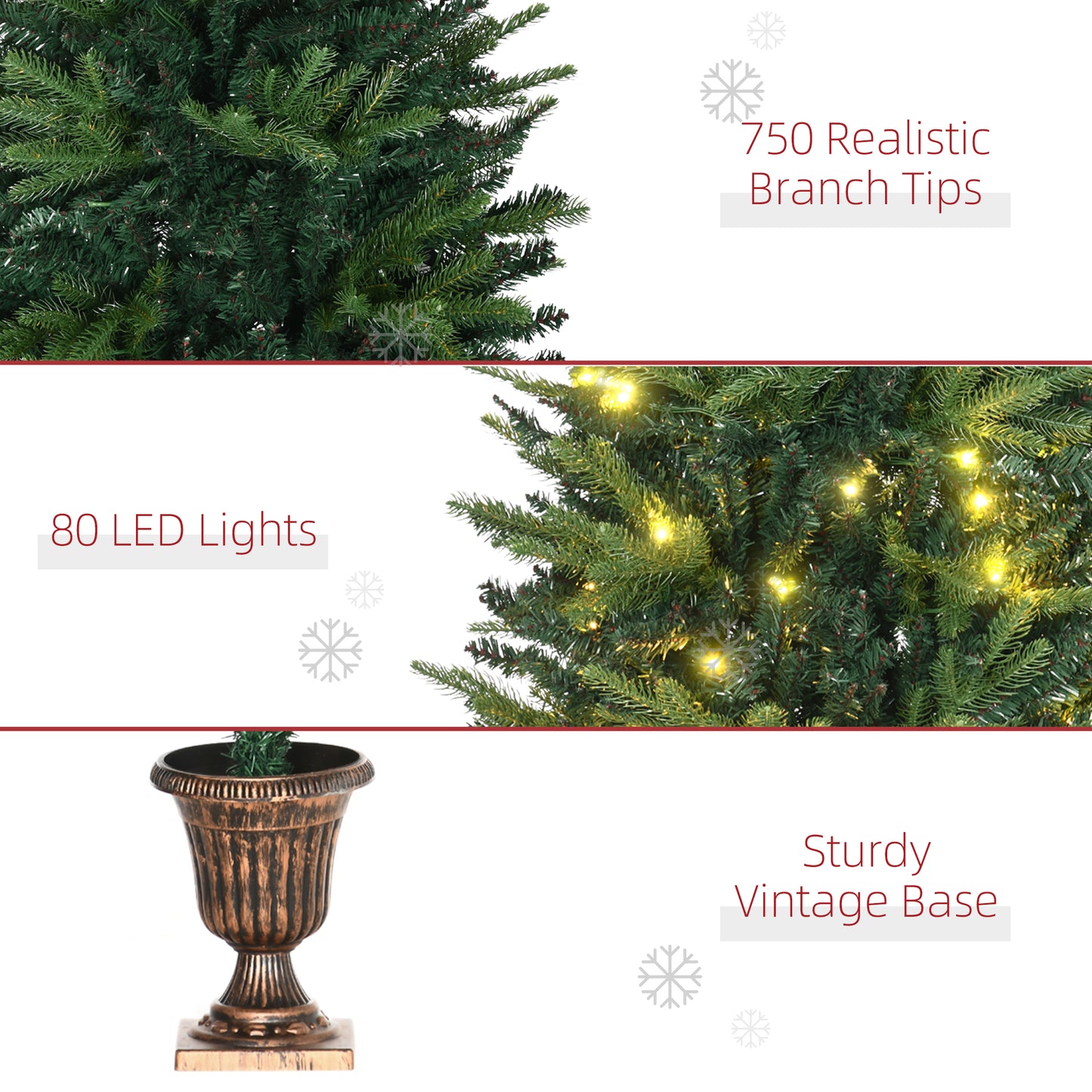 HOMCOM 1.2m 4ft Christmas Tree Entrance Decor 750 Tips Xmas Pre-lit Tree 80 LED with Vase Base