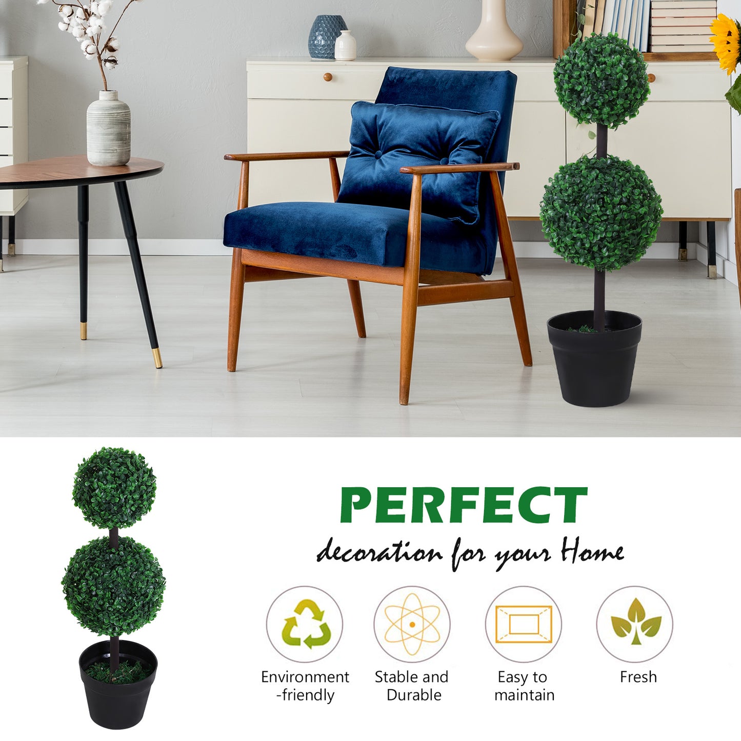 Outsunny Set of 2 Artificial Boxwood Ball Topiary Trees Potted Decorative Plant Indoor Décor (67cm)