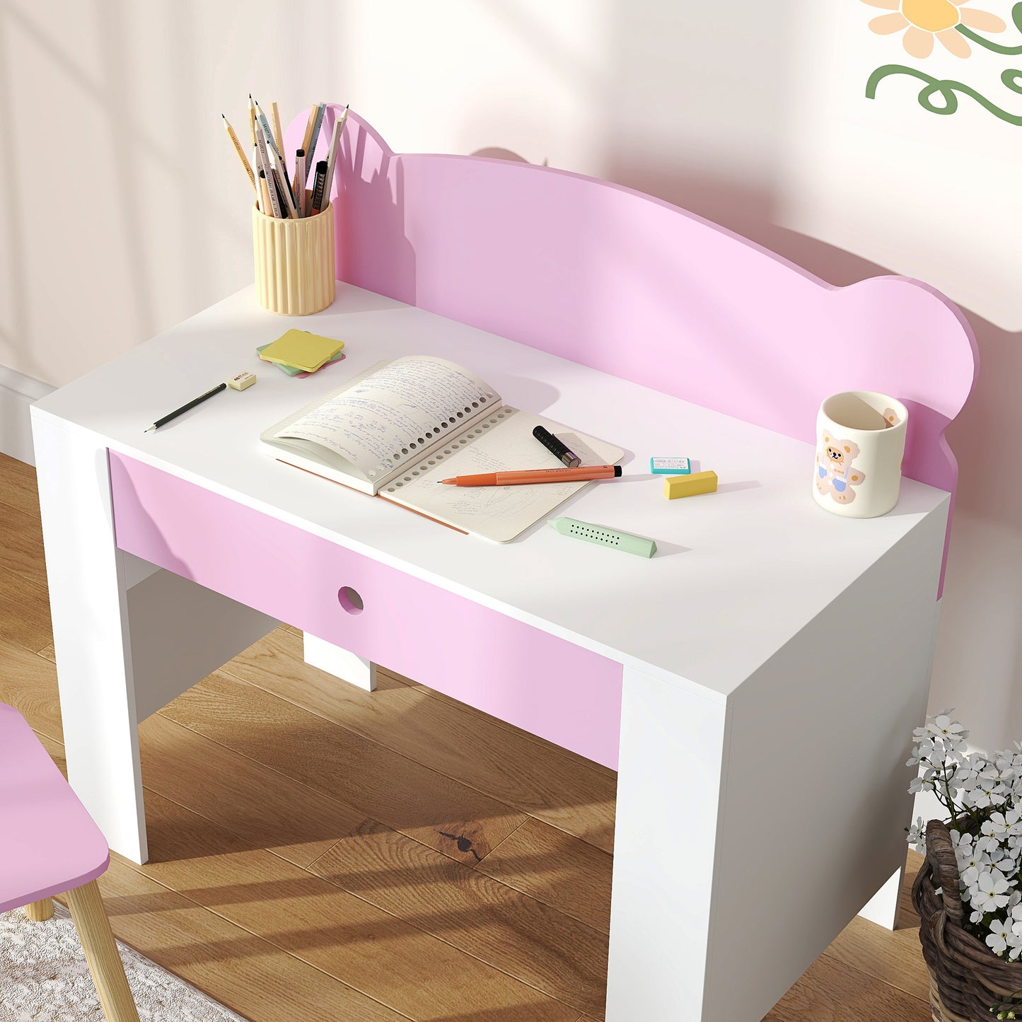 AIYAPLAY Kids Desk and Chair Set with Drawer for Drawing, Reading, Bear Theme Children Furniture for Bedroom, Daycare, Pink