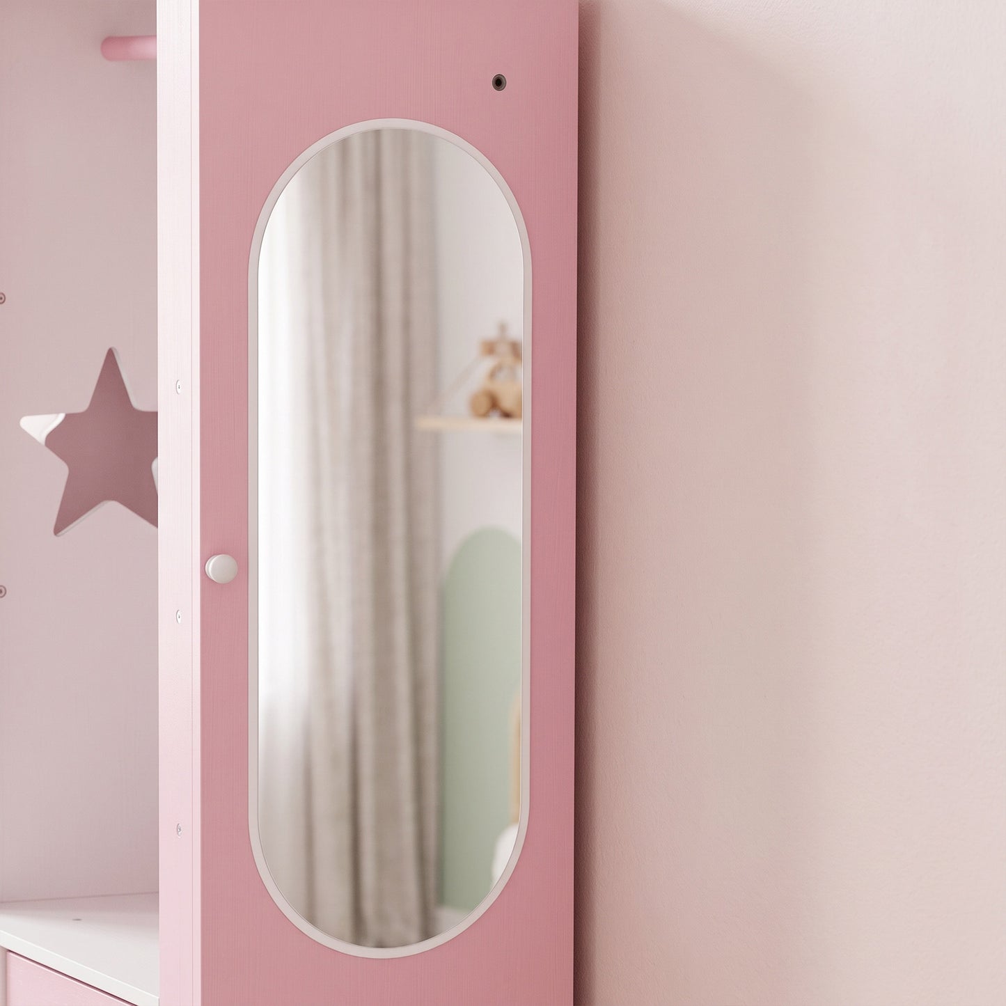 AIYAPLAY Kids Wardrobe with Lighted Mirror, Clothes Rail, Jewelry Cabinet, Shelves, Storage Boxes for Bedroom, Nursery, Pink