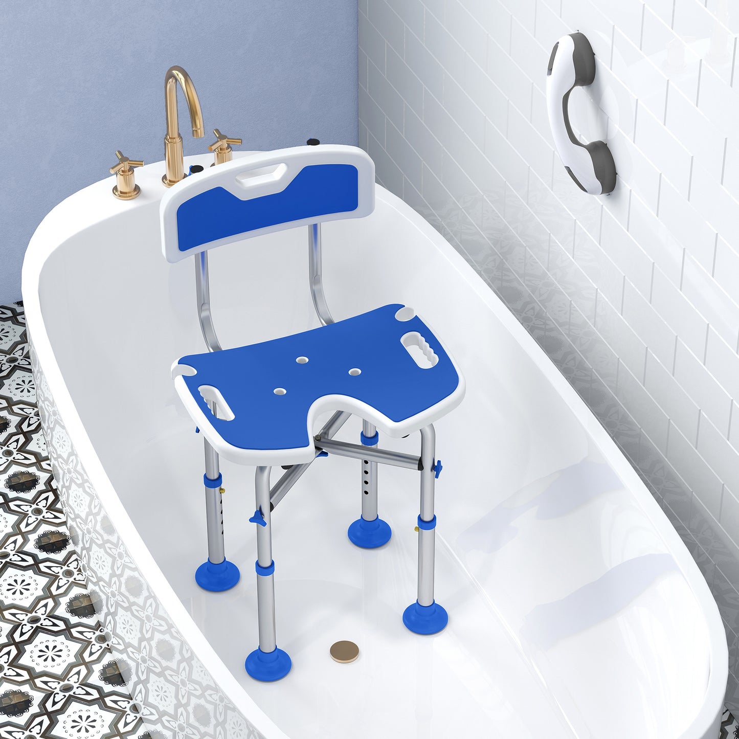 HOMCOM Shower Chair with U-Shaped Cutout, Height Adjustable Bath Bench, Padded Shower Stool for Elderly, Senior, Disabled, Blue