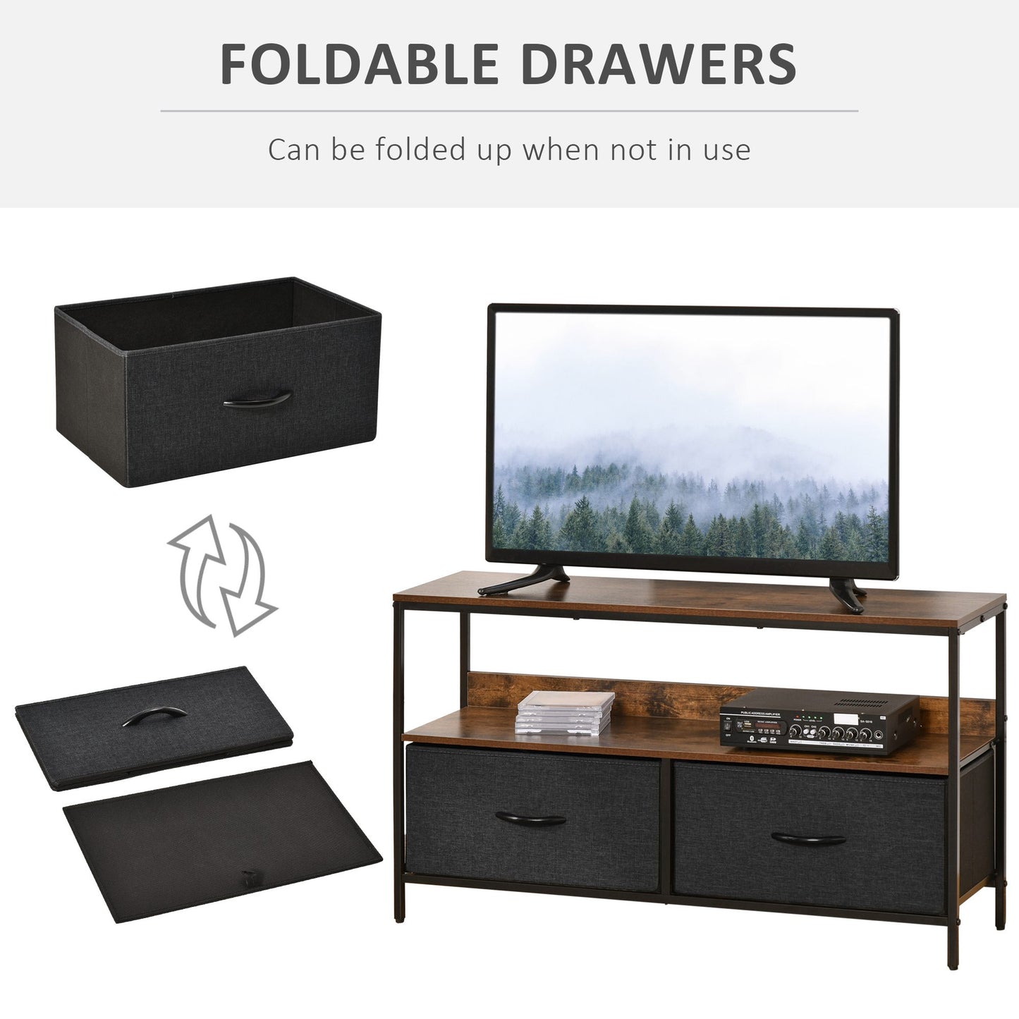 HOMCOM TV Stand Cabinet with 2 Foldable Drawers - Rustic Brown
