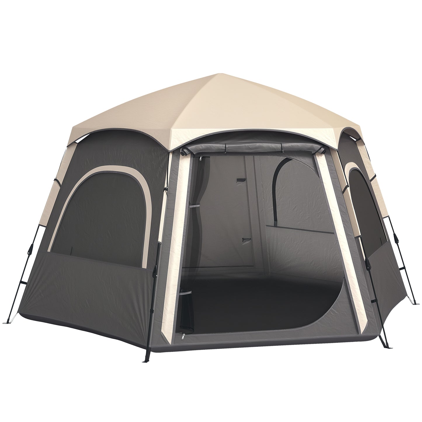 Outsunny Instant Pop Up Camping Tent, 2/3/4 Person Easy Setup Dome Family Tent with Vestibule, Rainfly, 4 Mesh Windows & 2 Doors, Hexagonal Design, Waterproof & UV Protected, Dark Grey