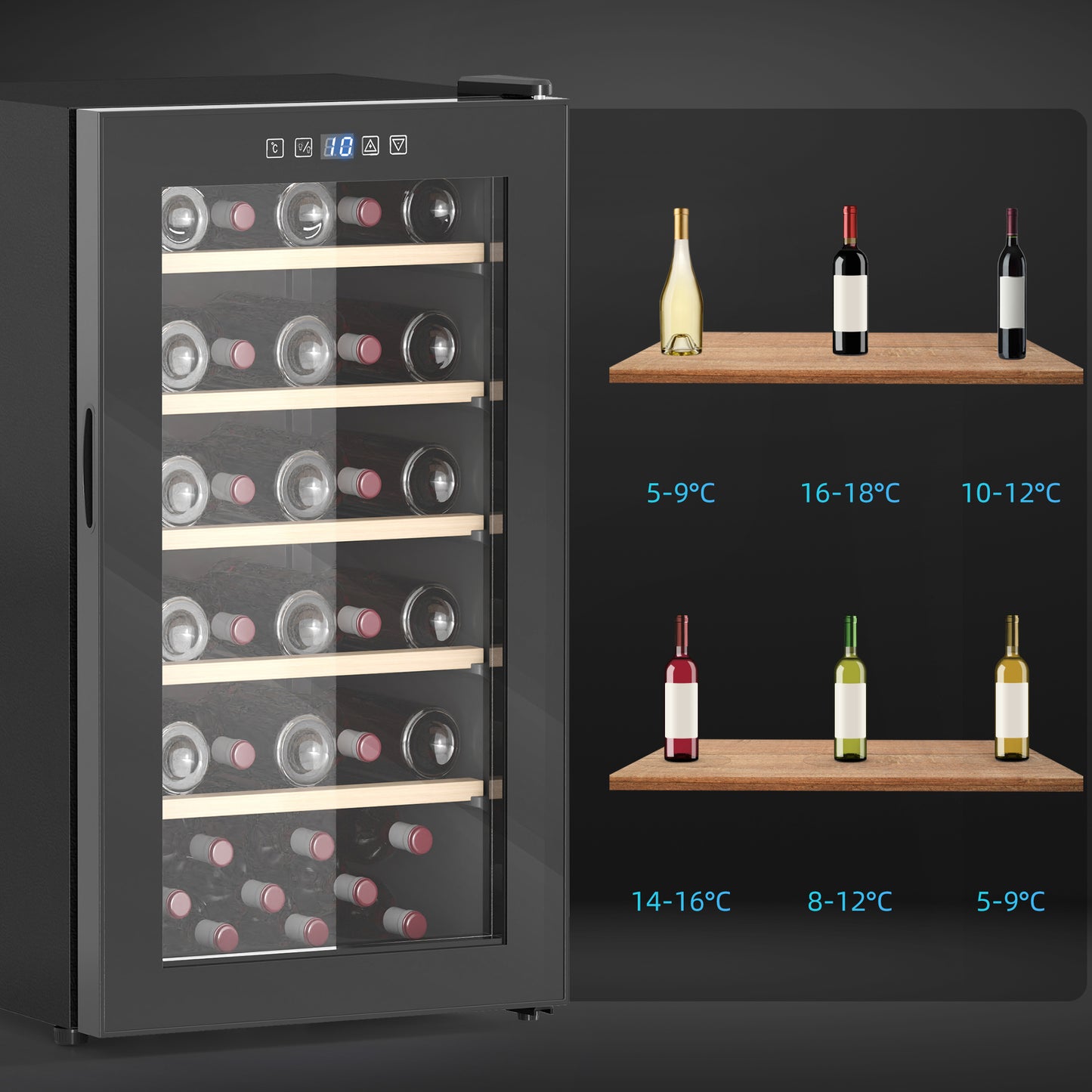 HOMCOM 41 Bottle Wine Fridge, 91 Litre Capacity, 45cm Freestanding Wine Cooler Fridge with Glass Door, LED Light, Digital Touch Screen, Temperature Control, Black
