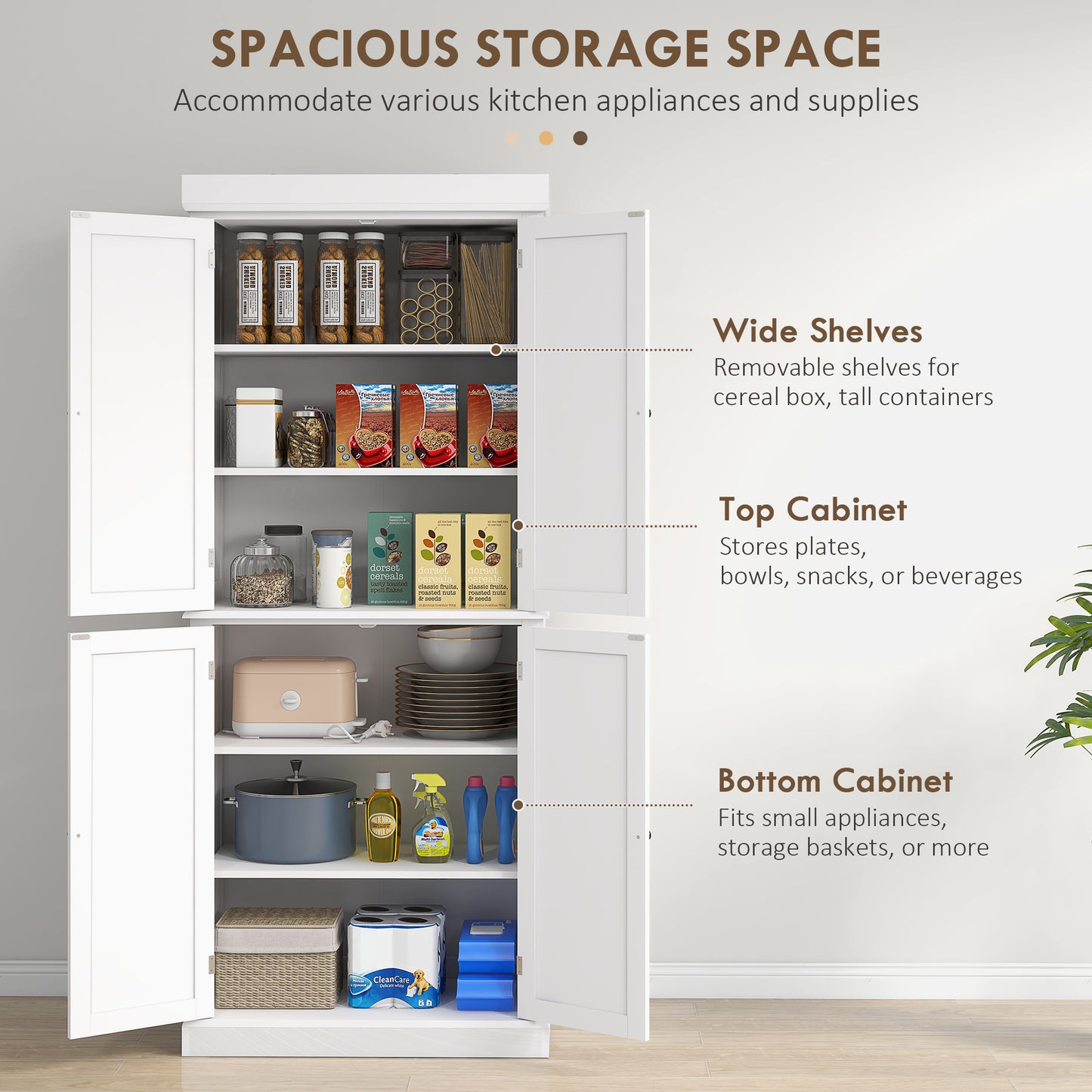 HOMCOM White Kitchen Cupboard with 4 Doors, Tall Design, Adjustable Shelves for Kitchen Storage, White