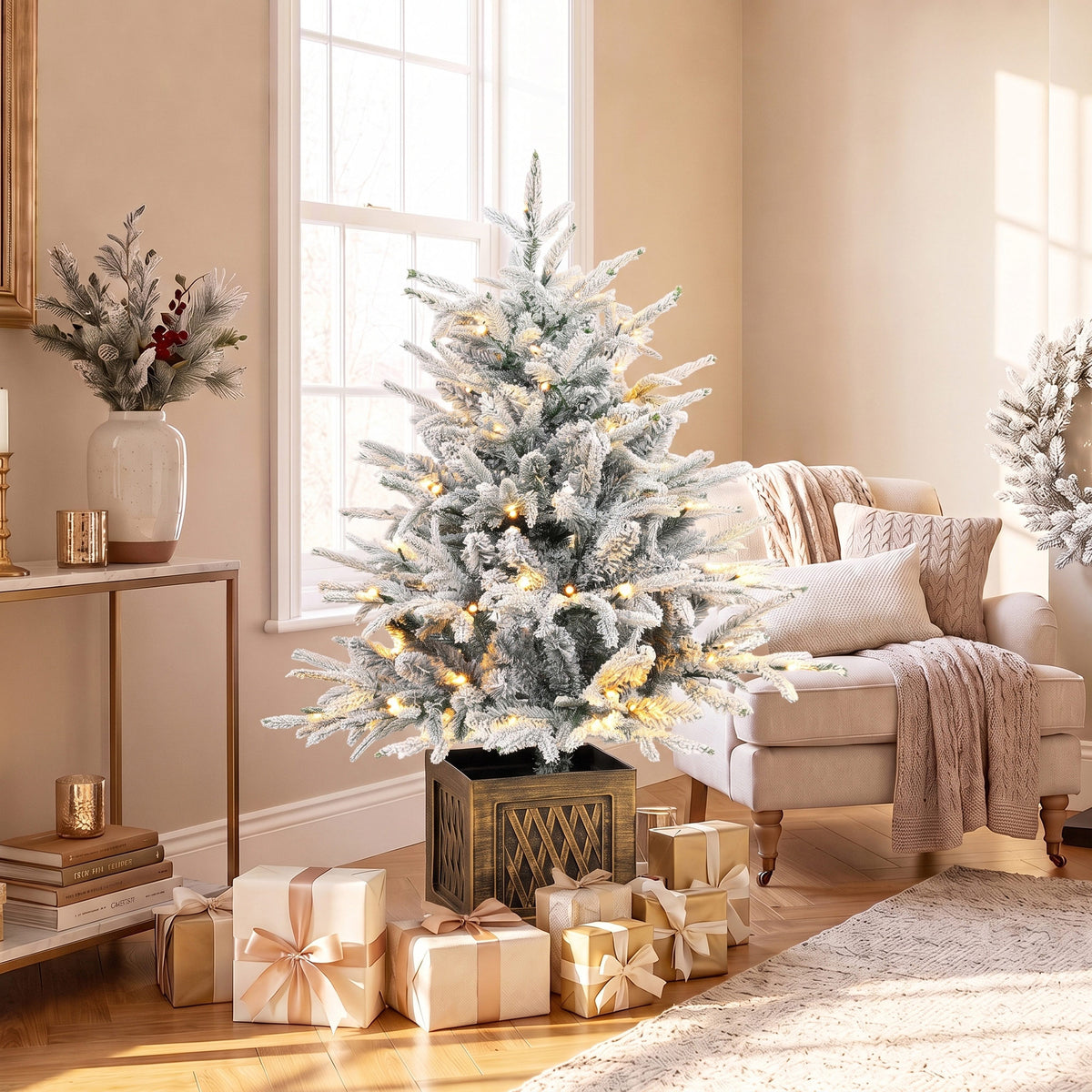 HOMCOM 90 cm Prelit Flocked Table Christmas Tree, Artificial Christmas Tree with 70 Warm White LED Lights, 488 Tips, Green