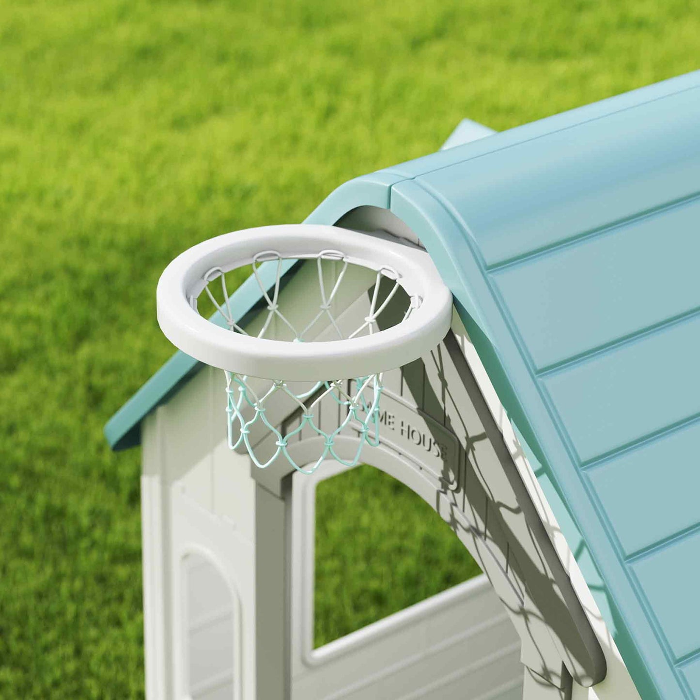 AIYAPLAY 5-in-1 Playhouse for Kids Outdoor Indoor with Basketball Hoop, Football Goal, Dartboard, Ring Toss for 2-5 Years, Beige
