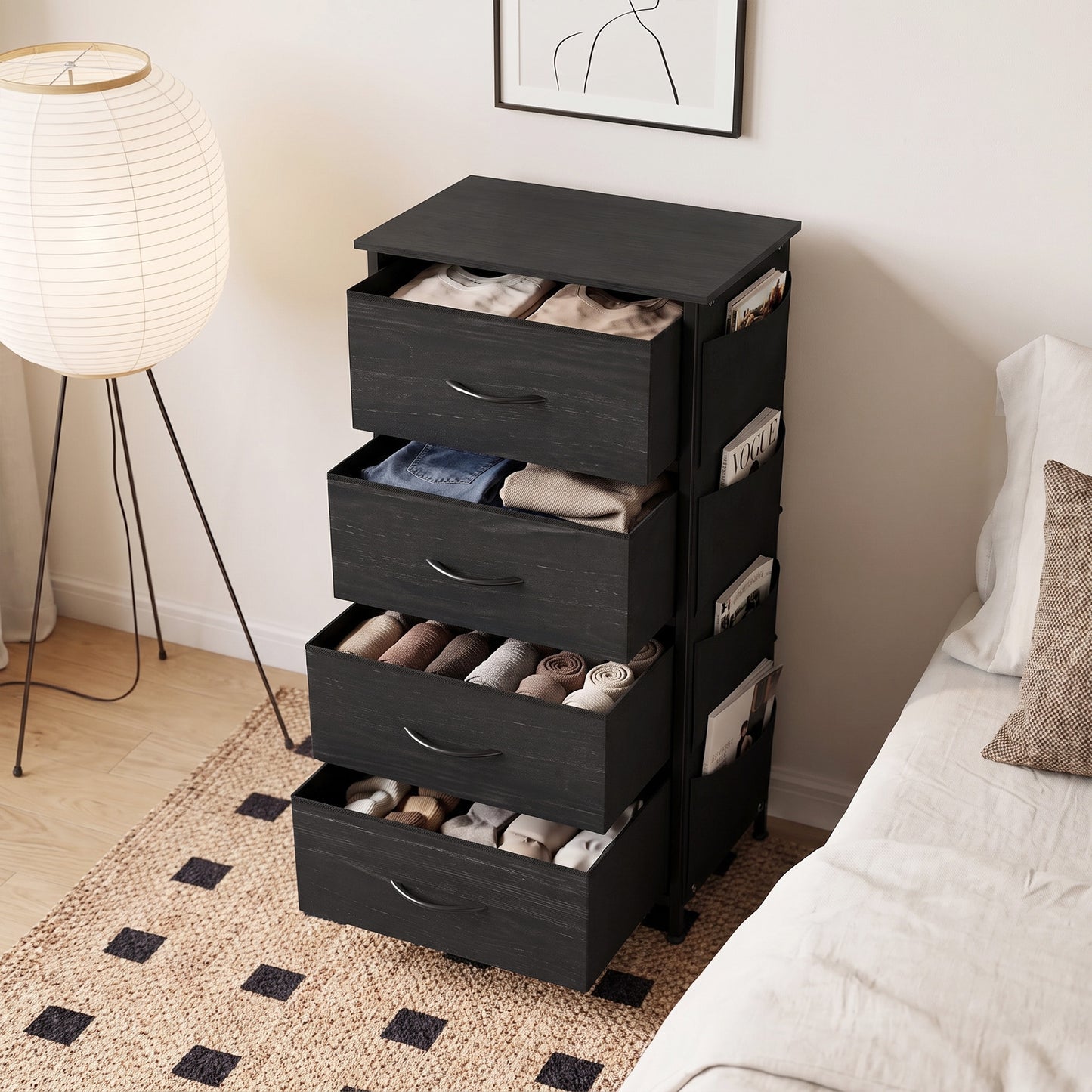 HOMCOM Chest of Drawers, Dresser with 4 Fabric Drawers, Tall Storage Unit with 4 Pockets and 2 Hooks, Steel Frame, Black