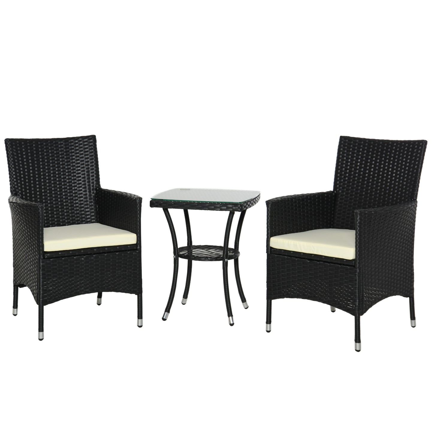 Outsunny 3 Pieces Rattan Bistro Set, Wicker Garden Furniture Set with 2-Tier Coffee Table and Chairs, Cushions, for Outdoor Patio Balcony, Black