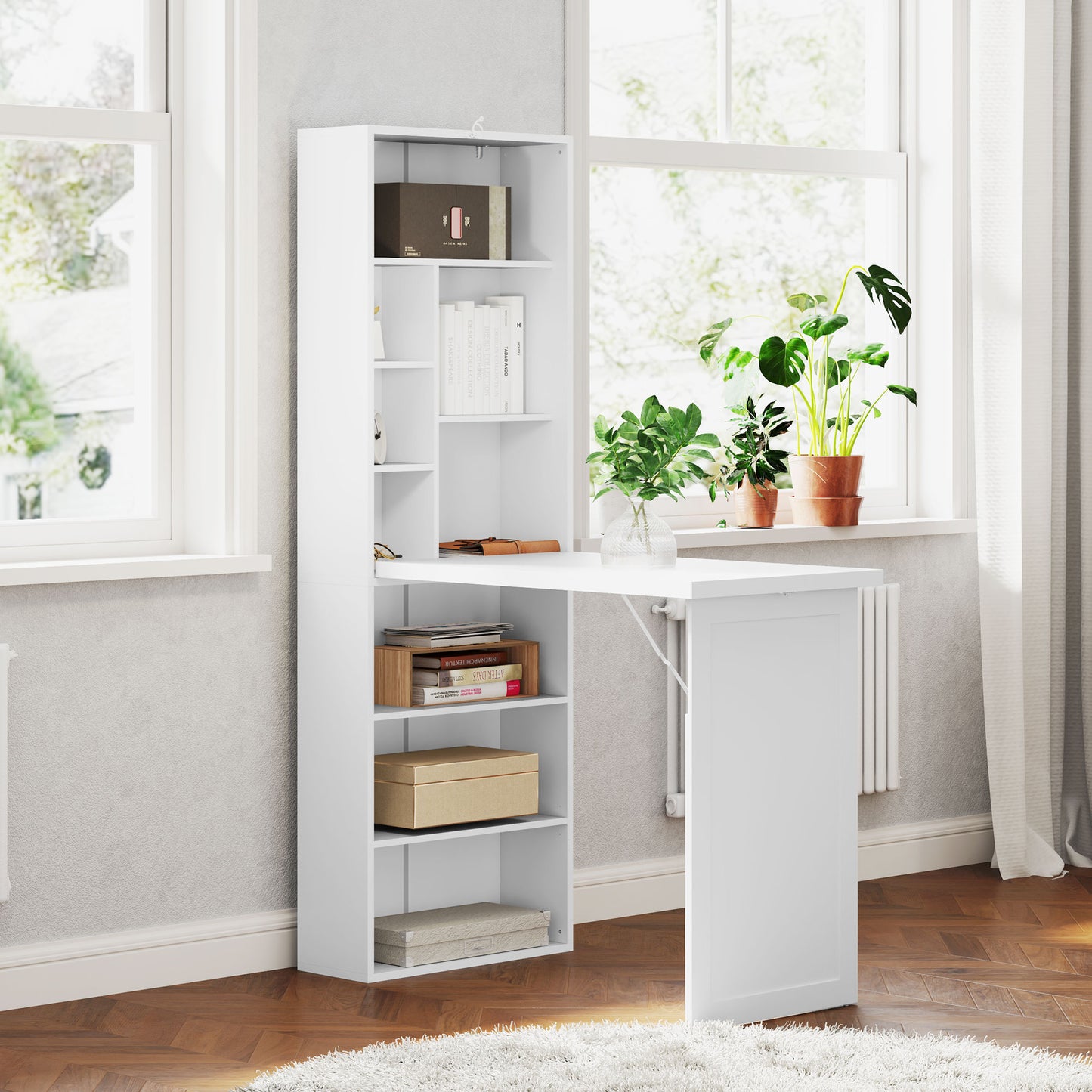 HOMCOM Fold-Out Desk 98cm with Storage and Writing Board, White