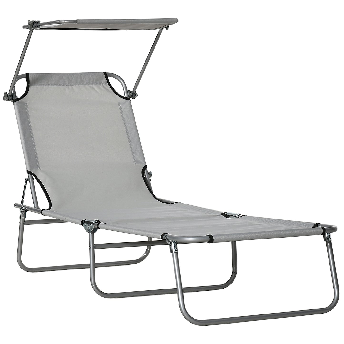Outsunny Folding Sun Lounger with Canopy, Reclining Sunbed with 4-Position Adjustable Backrest, 600D Oxford Cloth, Portable Garden Lounger Recliner Chair for Beach, Camping, Patio, Light Grey