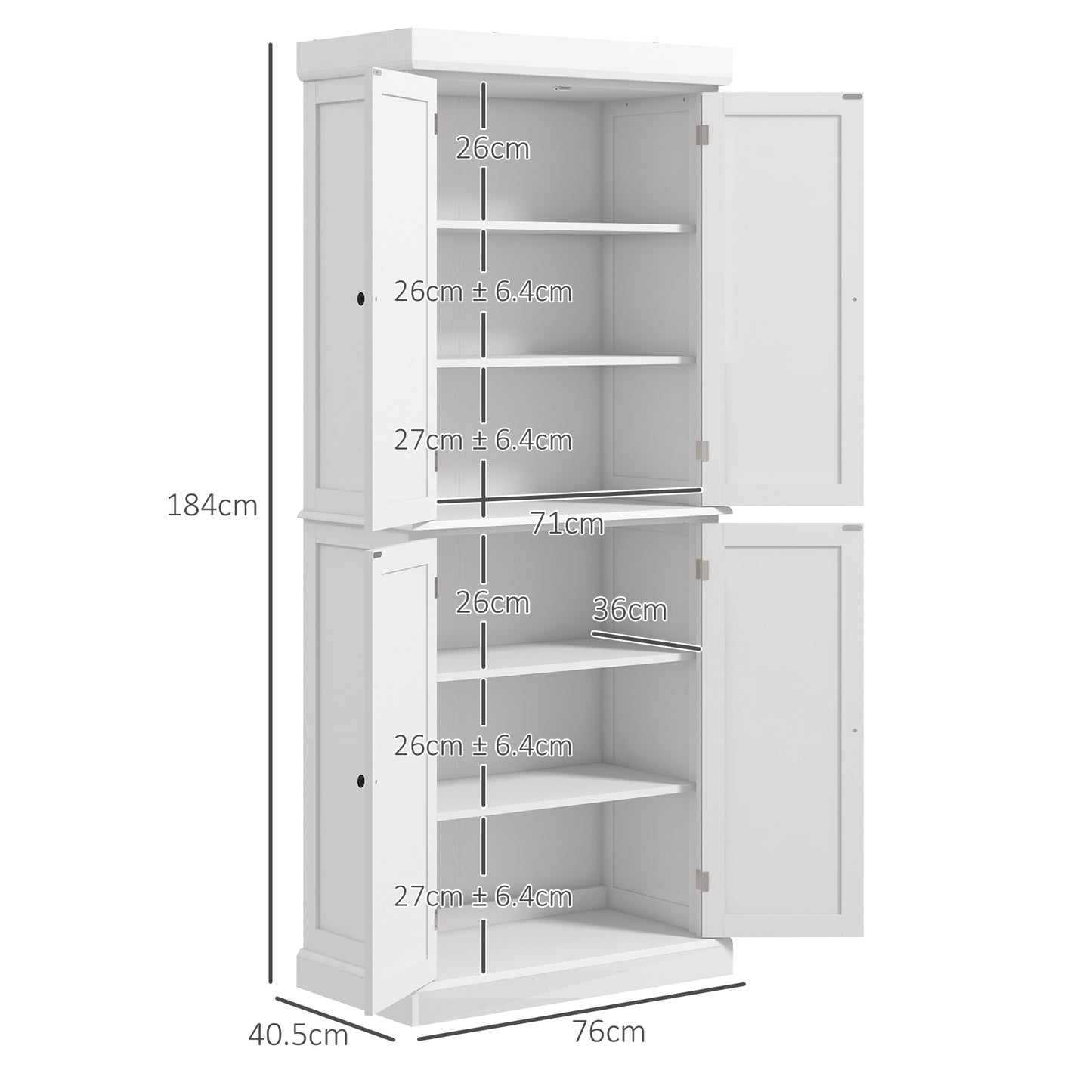 HOMCOM White Kitchen Cupboard with 4 Doors, Tall Design, Adjustable Shelves for Kitchen Storage, White
