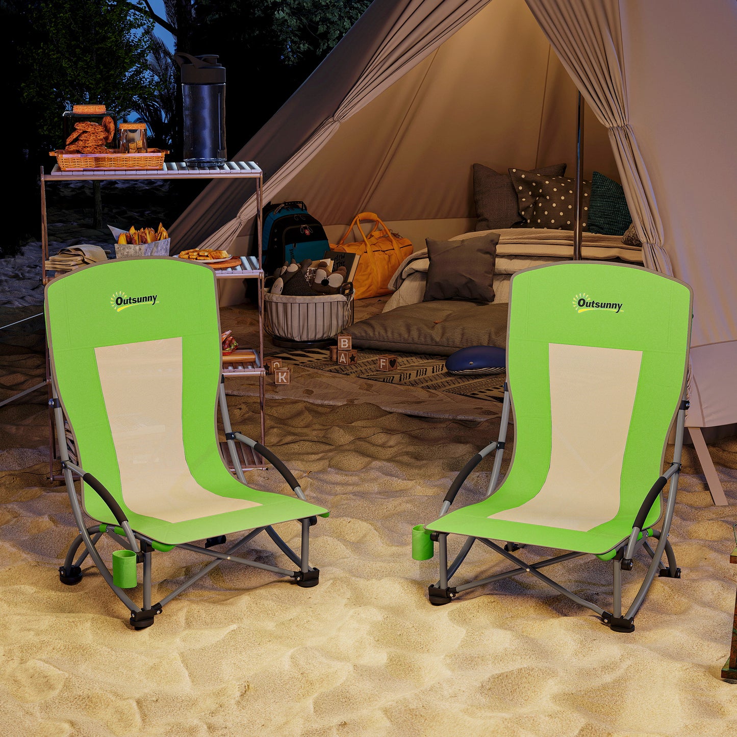 Outsunny Set of 2 Folding Beach Chair, Low Camping Chair with Mesh Back, Carry Bag and Cup Holder for Garden Outdoor Picnic Festival Travel, Green