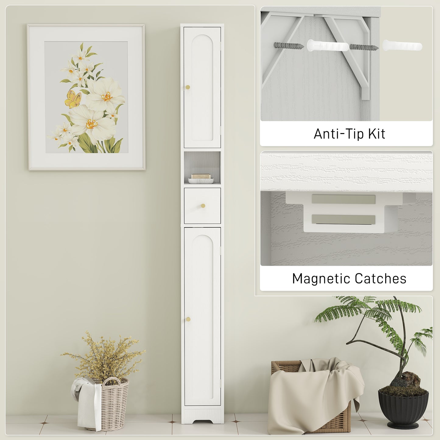 HOMCOM 185 cm Tall Bathroom Cabinet with Arched Doors - White