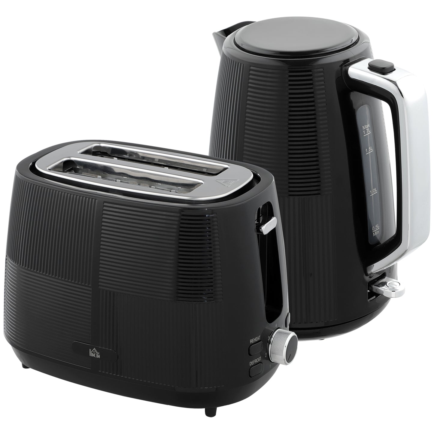 HOMCOM Kettle and Toaster Set, 1.7L 3000W Fast Boil Kettle & 2 Slice Toaster Kitchen Set with 7 Level Browning Controls, Defrost, Reheat, Boil-dry Protection, Black
