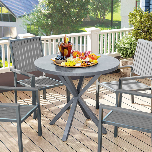 Outsunny Garden Table, 85cm Round Outdoor Dining Table with Steel Frame, Wood Effect Top, for Balcony, Deck, Dark Grey