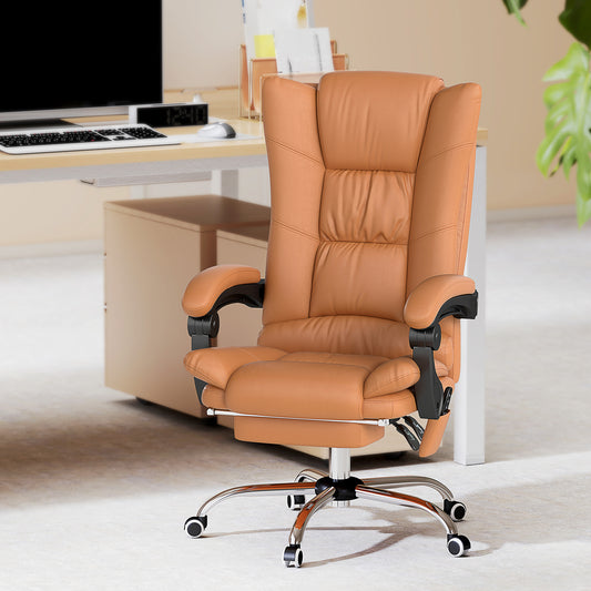 Vinsetto High Back Vibration Massage Office Chair, Heated Reclining PU Leather Computer Chair with 135° Reclining Back and Footrest, Light Brown