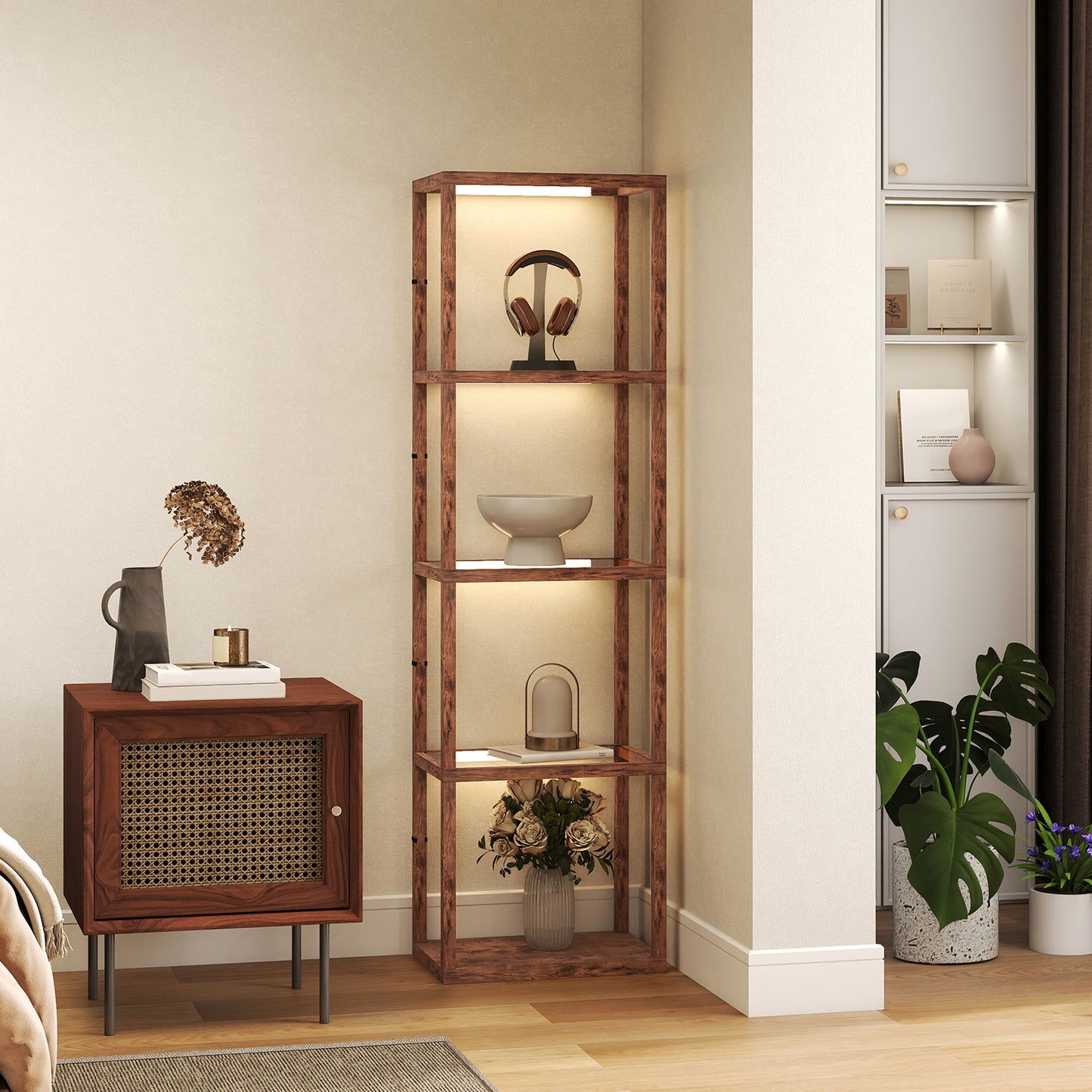 HOMCOM Four-Shelf Floor Lamp - Rustic Brown