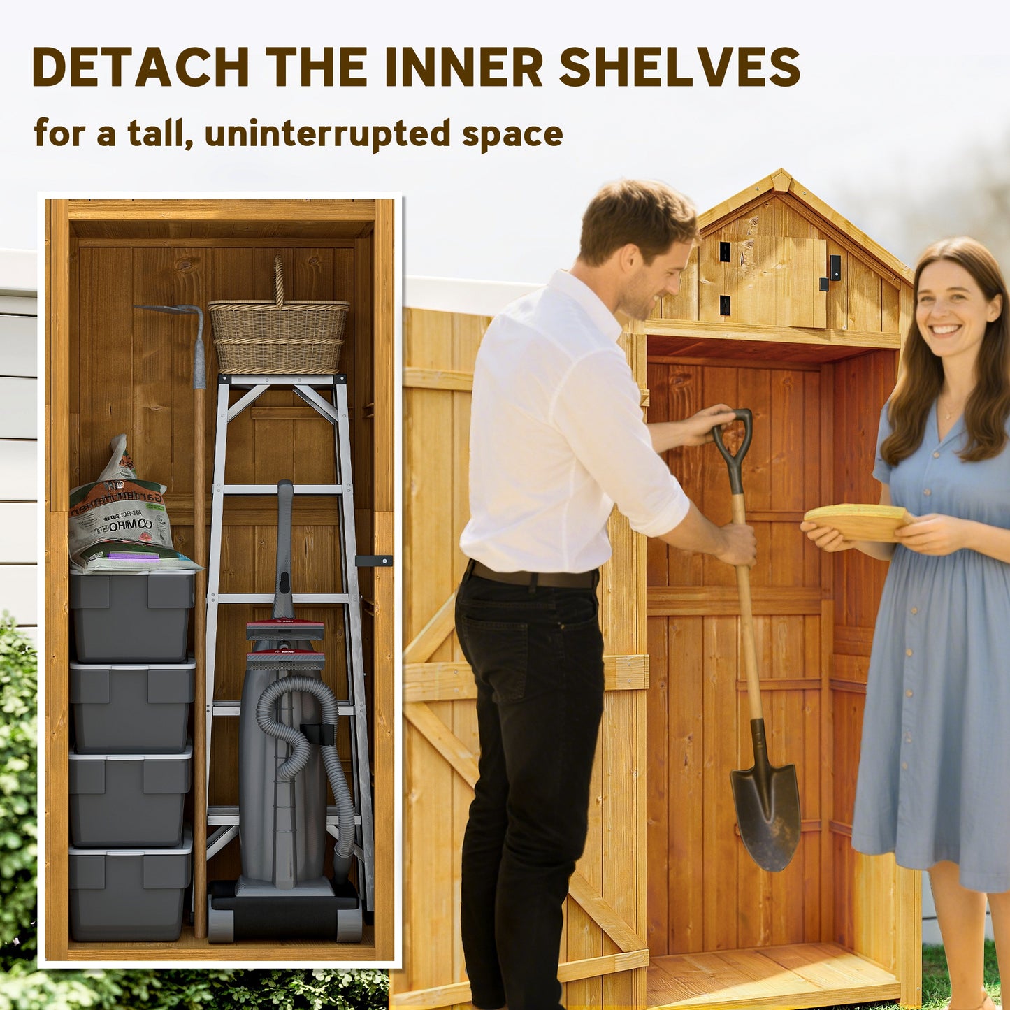Outsunny Garden Shed Wood Outdoor Garden Tool Storage Unit with 3 Detachable Shelves, 77 x 54.2 x 179cm, Brown