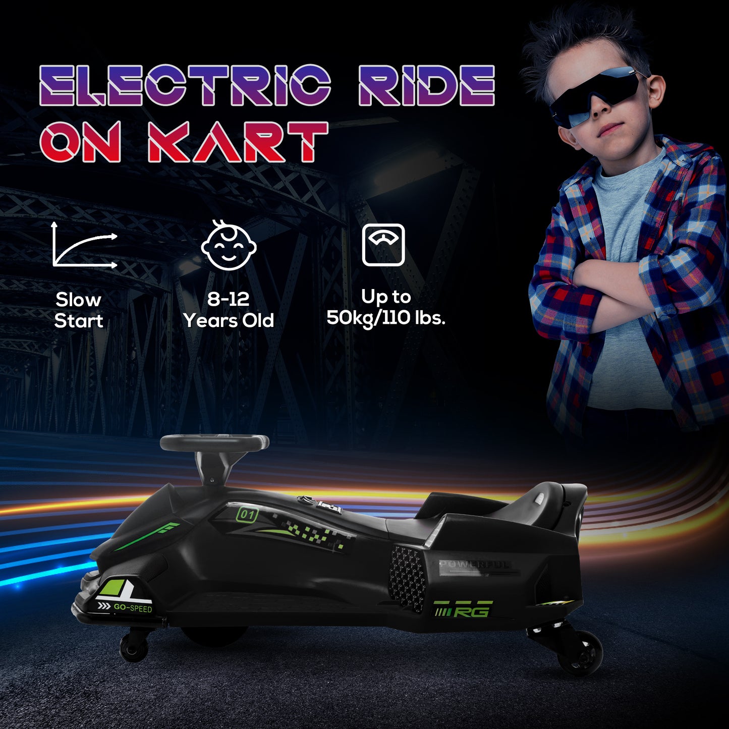 HOMCOM 12V Kids Electric Go Kart with Music, LED Lights, Slow Start, Black