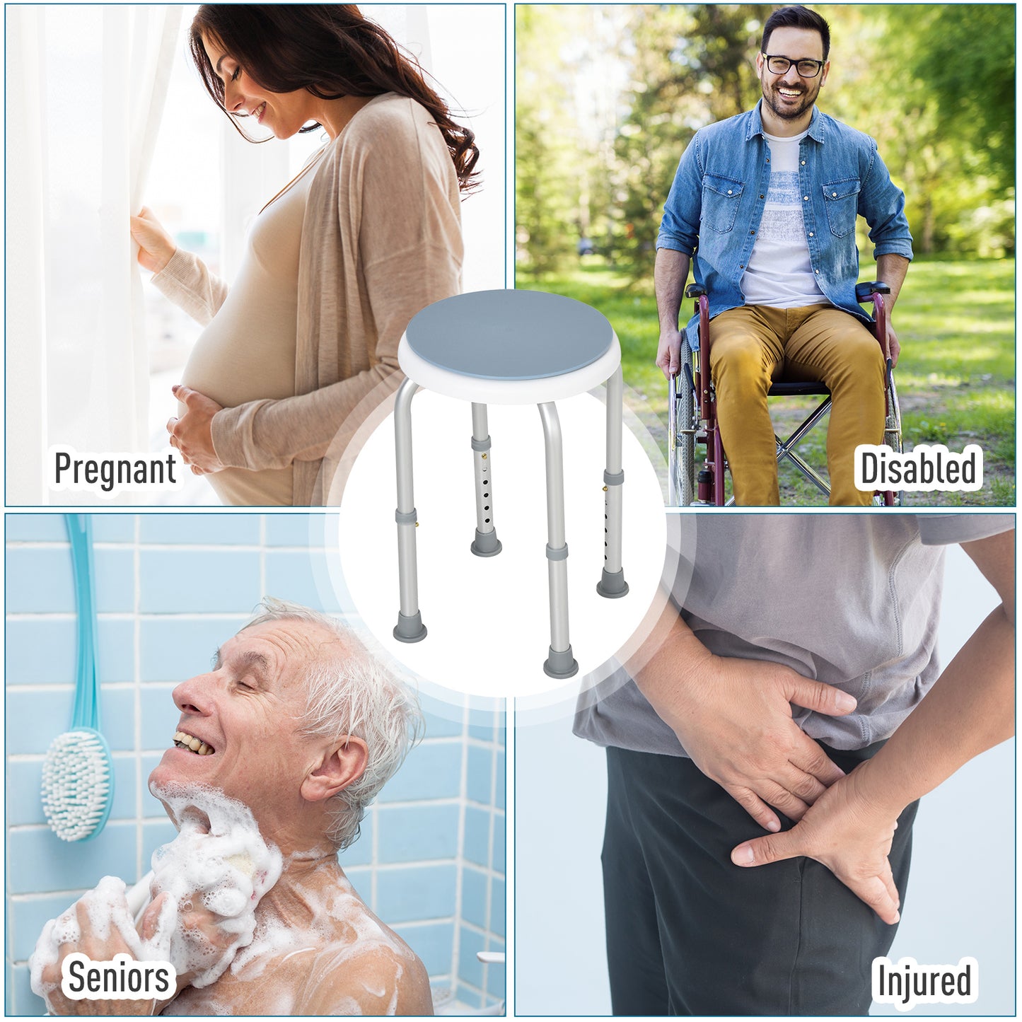 HOMCOM 360° Swivel Shower Chair, Height Adjustable Aluminium Shower Stool with Non-Slip Feet for Disabled, Elderly, Light Blue
