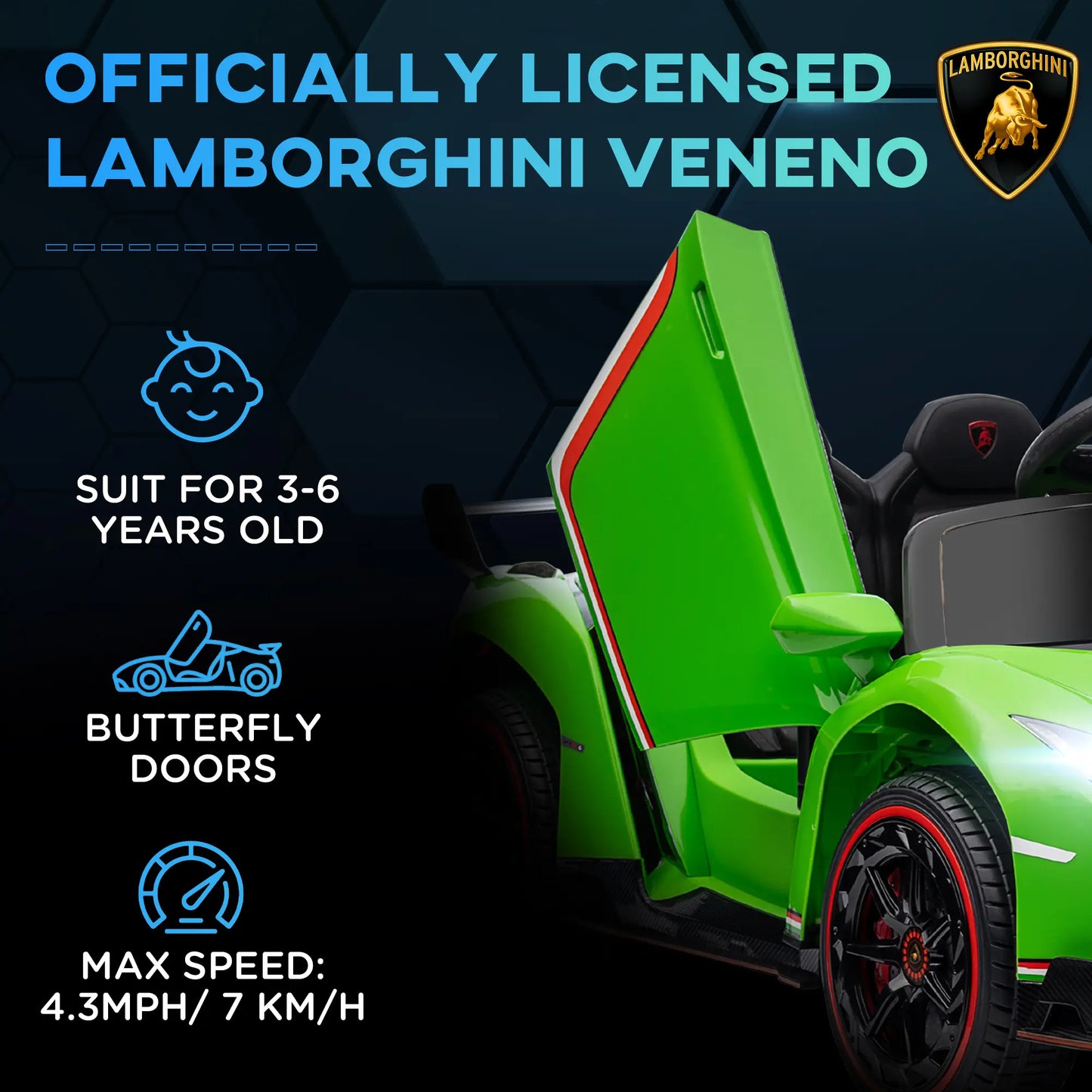Lamborghini Veneno Licensed Electric Ride-On Car, with Remote, Music, Horn - Green