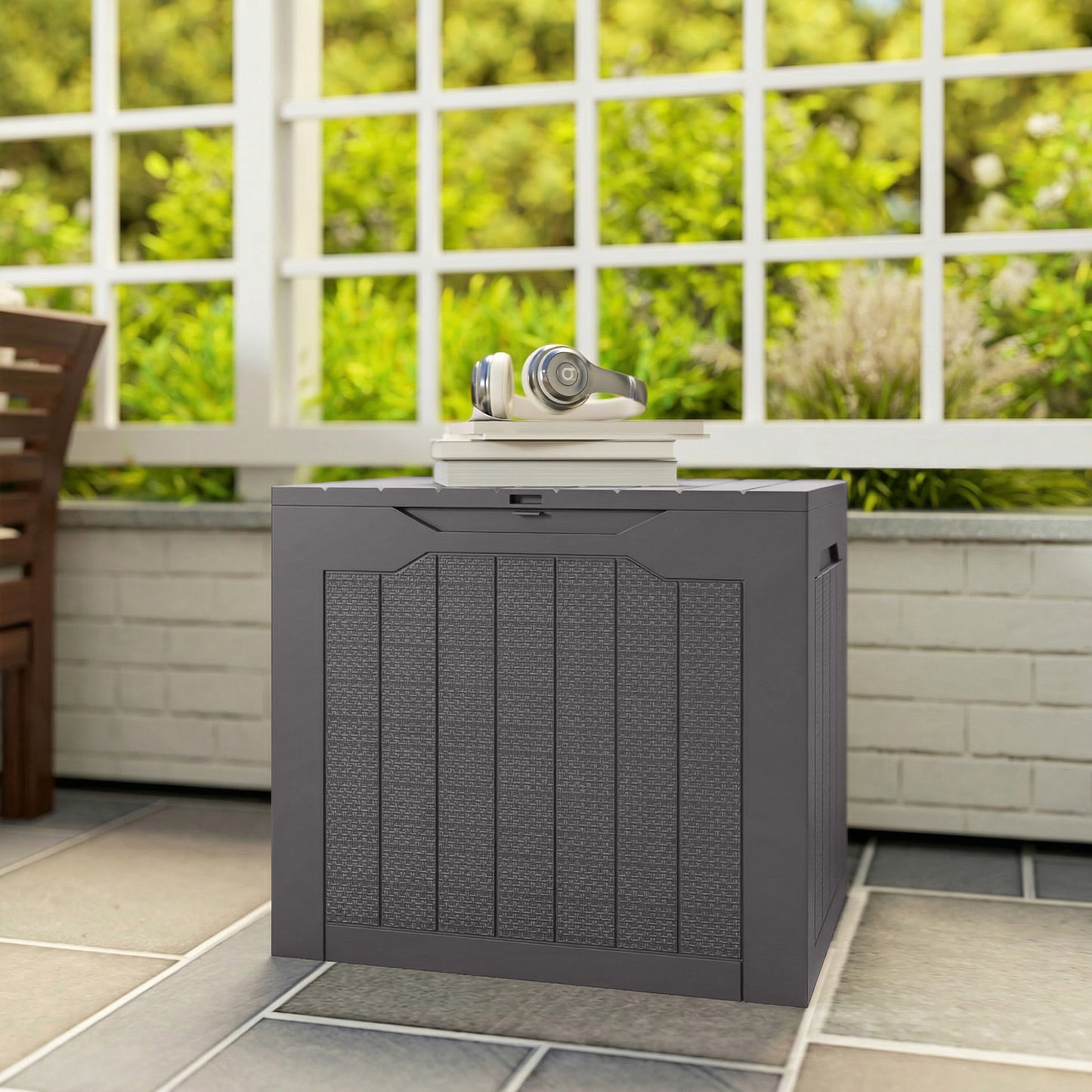 Outsunny 97L Plastic Garden Storage Box, Outdoor Storage Box with Handles, Waterproof Outdoor Storage Container, Brown