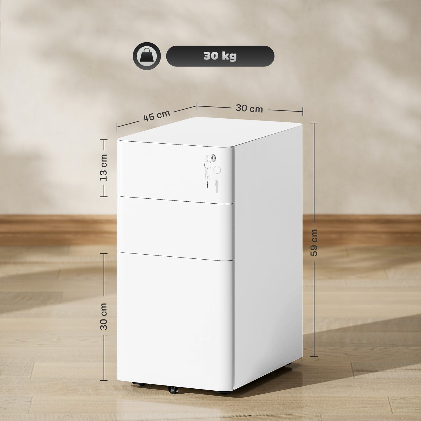 Vinsetto 3-Drawer Steel Filing Cabinet with Lock - White