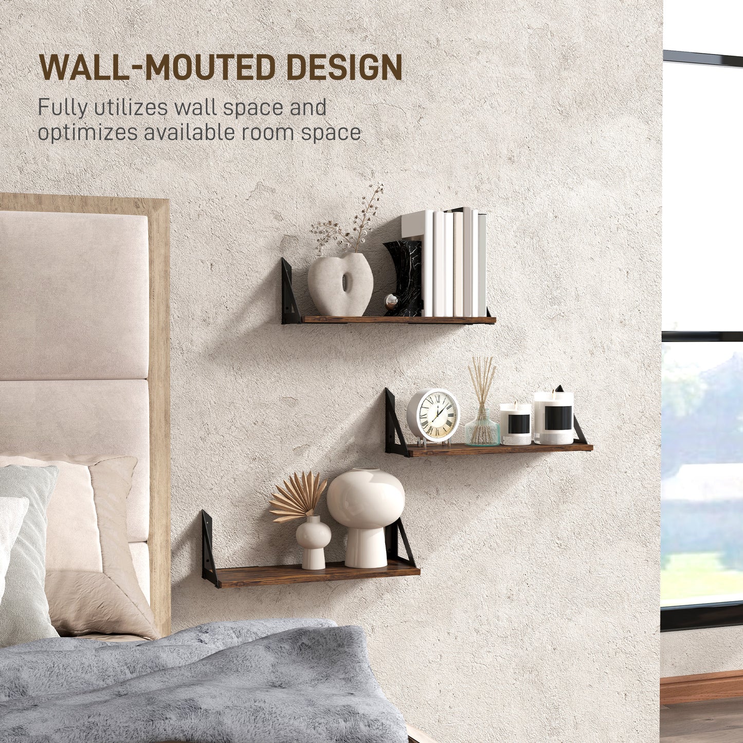 HOMCOM Set of 3 Wall Shelves, 43cm Vintage Wall Mounted Floating Shelves for Living Room, Entryway, Bedroom, Rustic Brown