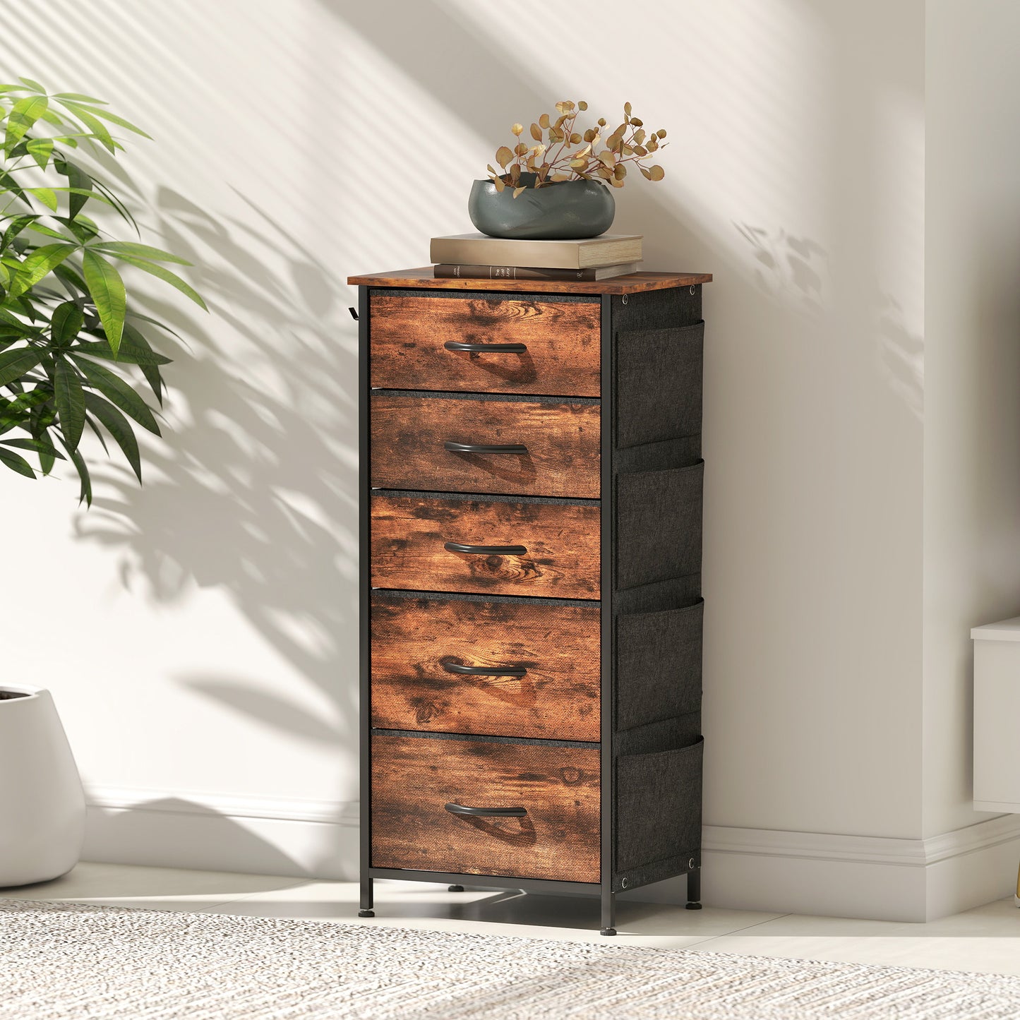 HOMCOM Chest of Five Fabric Drawers - Rustic Brown