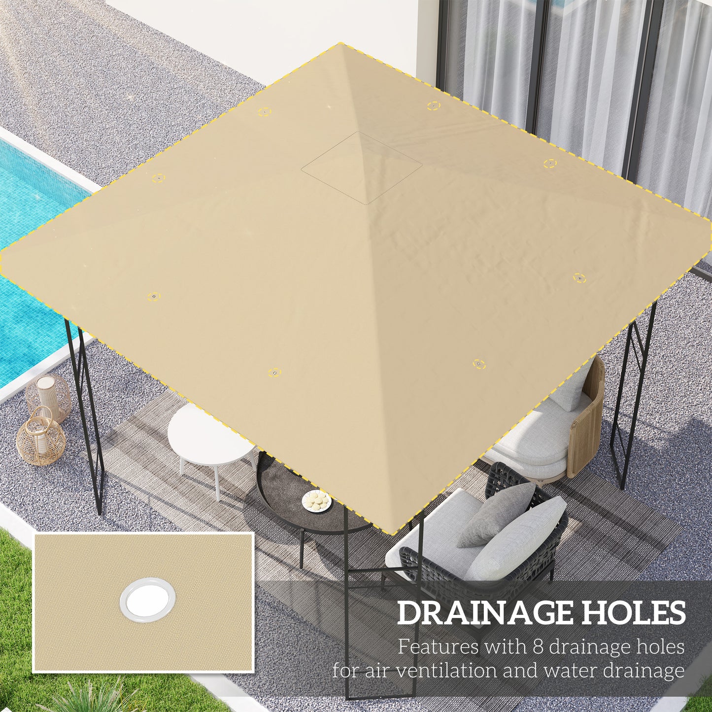 Outsunny 3 x 3(m) Gazebo Canopy Replacement Cover, Garden Gazebo Roof Replacement with Drain Holes, Water Resistant PVC Coating, 370g/㎡, UPF30+, TOP COVER ONLY, Beige