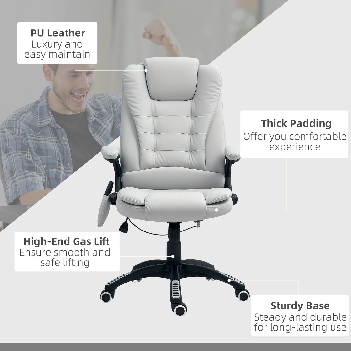 HOMCOM 6-Point Massage Office Chair with Seat Heated for Home Office, PU Leather High Back Executive Desk Chair with Adjustable Height and 360° Swivel for Work Study, Light Grey