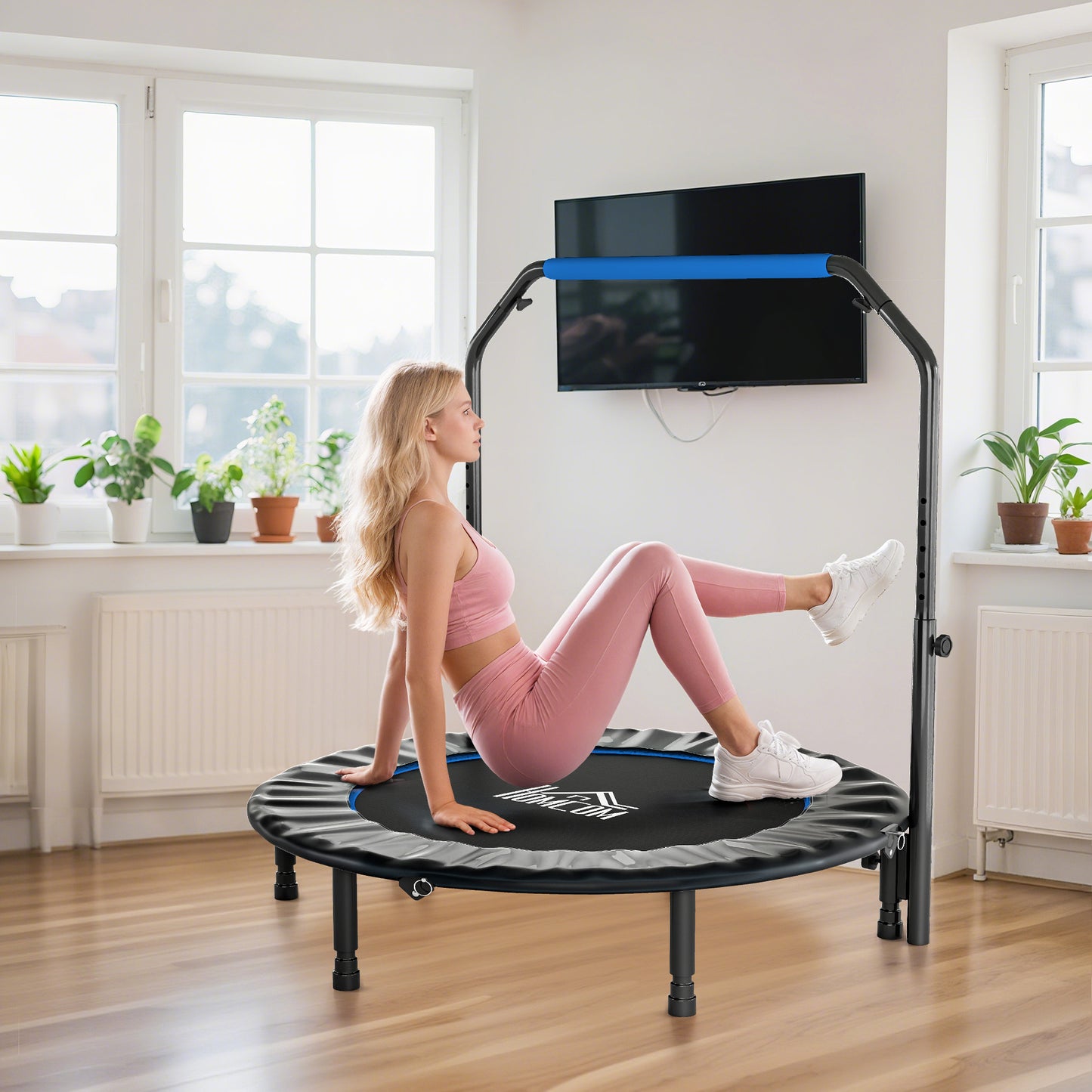 HOMCOM 48" Foldable Mini Fitness Trampoline, with Adjustable Foam Handle, Blue
