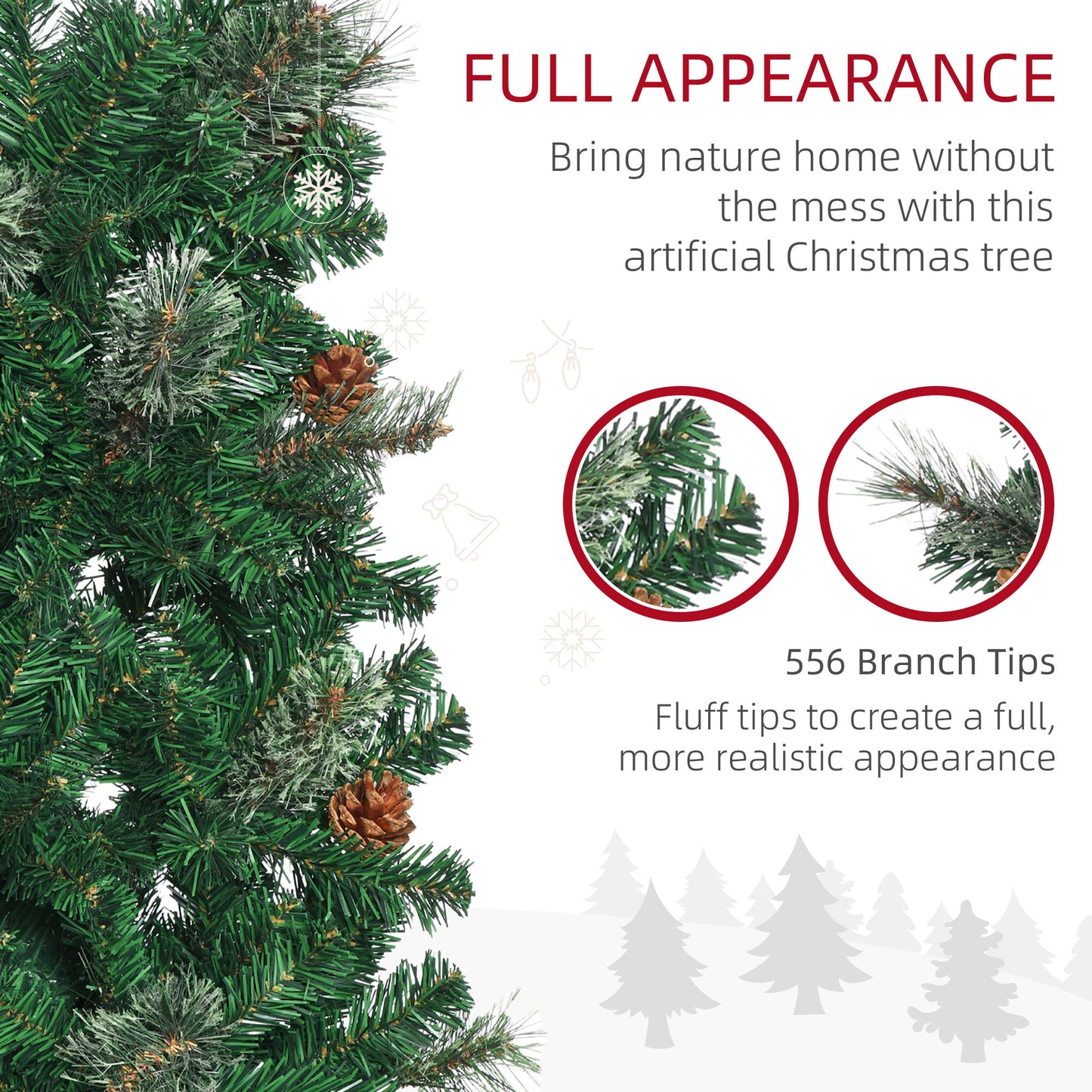 HOMCOM 6.5FT Tall Pencil Slim Artificial Christmas Tree with Realistic Branches, Tip Count and Pine Cones, Pine Needles Tree, Xmas Decoration, Green