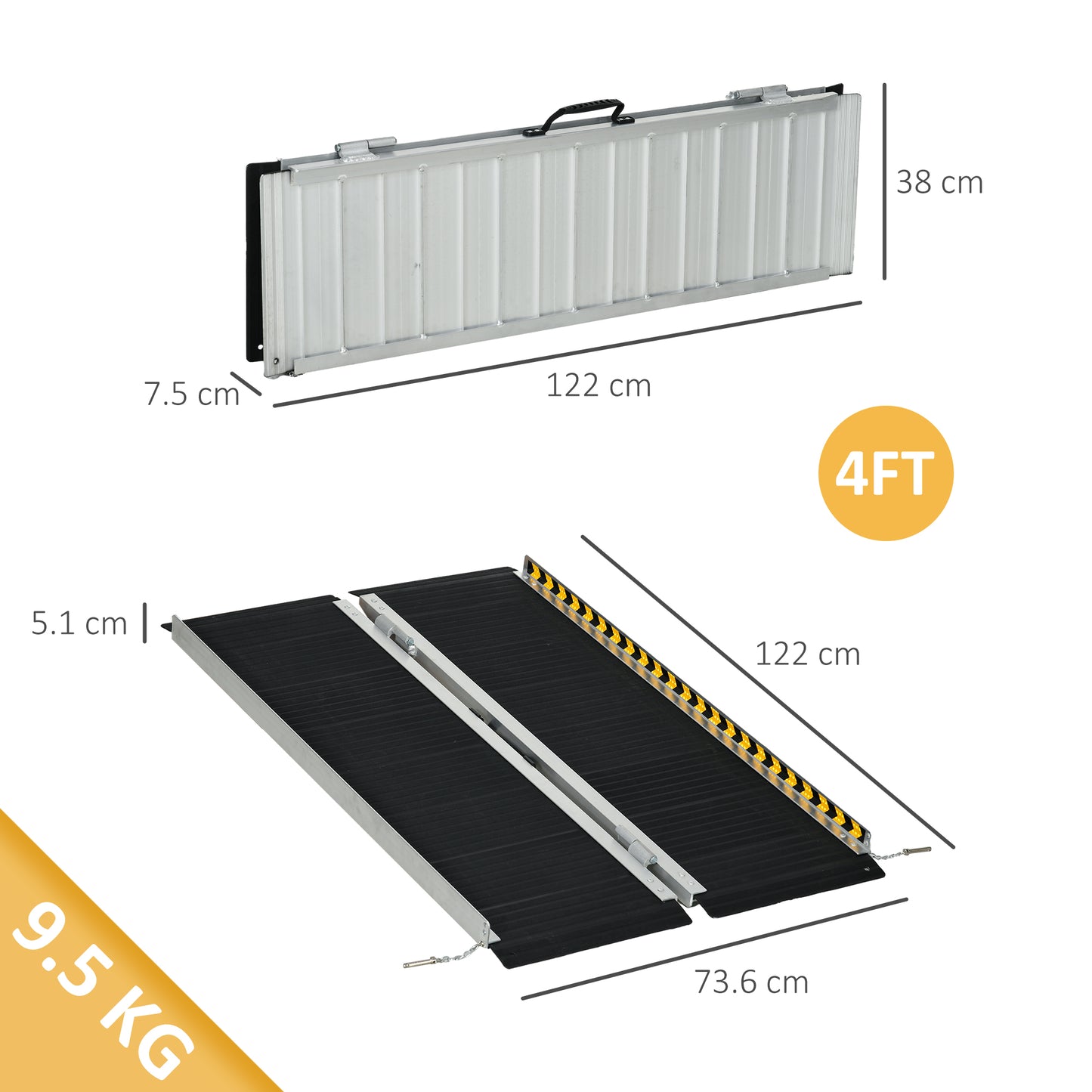 HOMCOM Wheelchair Ramp, 122L x 73Wcm, 272KG Capacity, Folding Aluminium Threshold Ramp with Non-Skid Surface, Transition Plates Above and Below for Home, Steps, Stairs, Curbs, Doorways