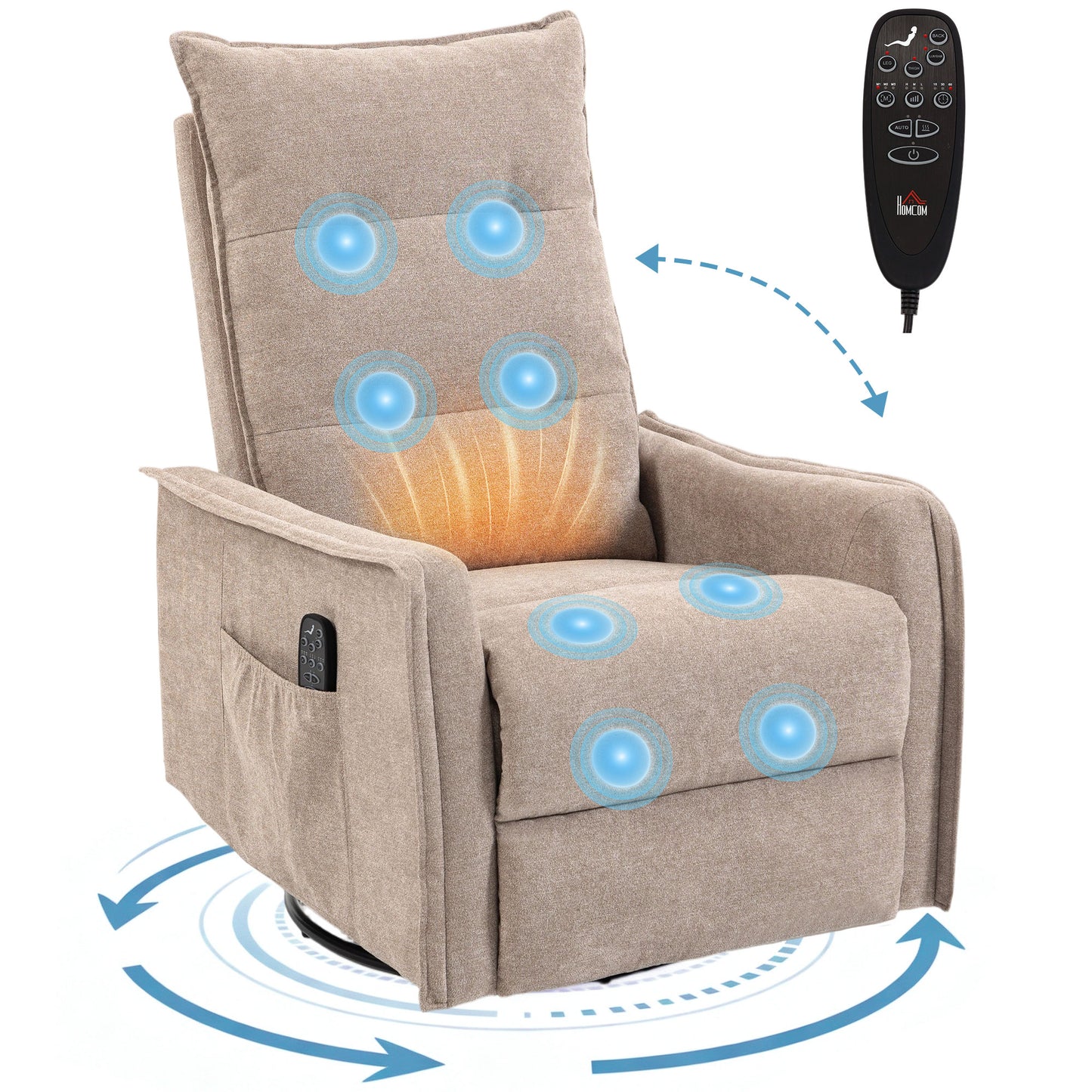 HOMCOM Recliner Armchair, Chenille Recliner Chair with Massage and Heat, 360° Swivel Rocking Manual Recliner, Brown