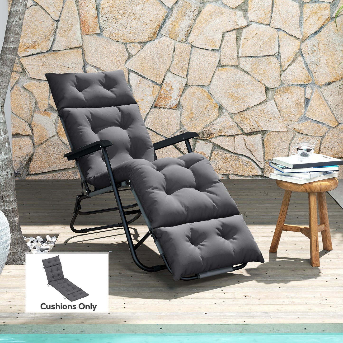Outsunny Sun Lounger Cushions Only, 190x56x10cm Garden Lounge Chair Cushions, UPF20+ 220gsm Fabric, Thick Sunbed Replacement Pads with 6 Ties, Dark Grey