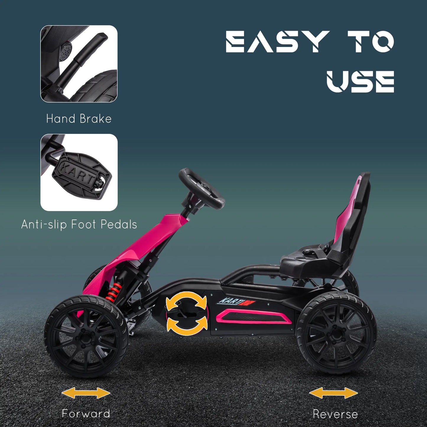 Kids Pedal Go Kart, with Adjustable Seat, EVA Wheels, Seat, Handbrake - Pink