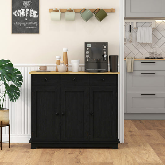 HOMCOM Sideboard with Rubberwood Top and Adjustable Shelves for Dining Room, Kitchen - Black Wood-Effect