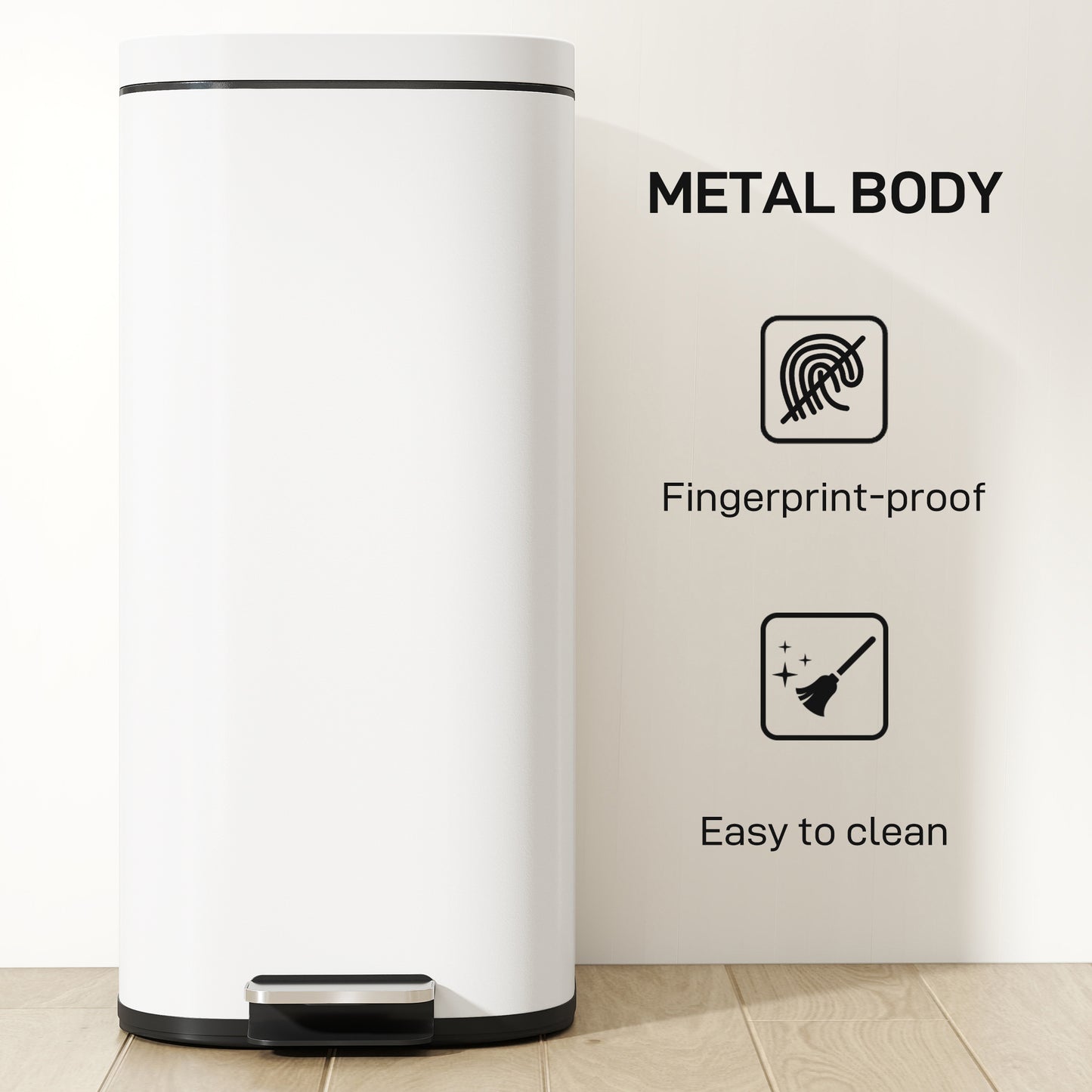 HOMCOM 30L Kitchen Bin, Compact Pedal Bin with Soft-Close and Stay-Open Lid, Removable Bucket for Kitchen, Home, Office, Cream