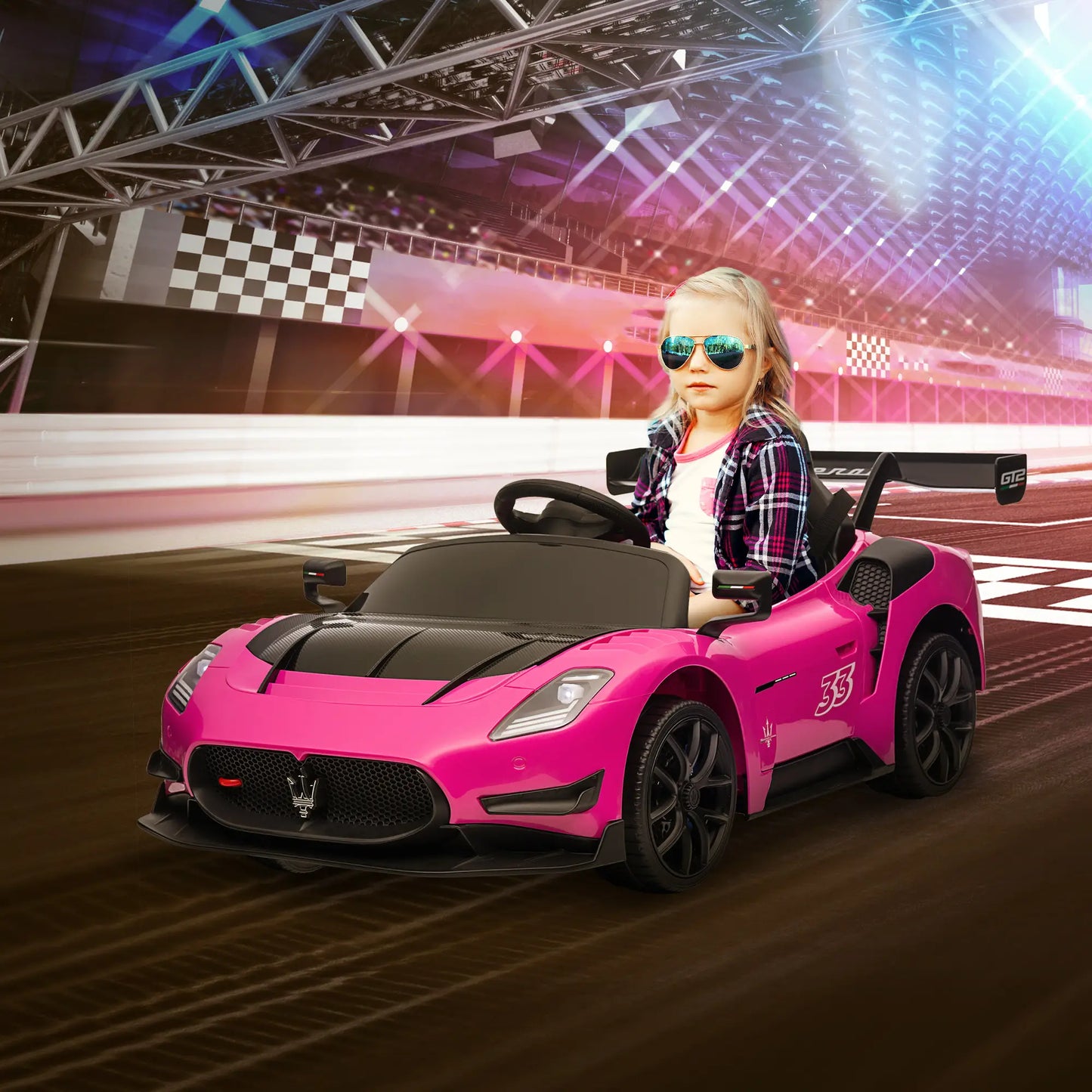 Maserati GT2 Licensed 12V Kids Electric Ride on Car with 4 Suspension Wheels, Remote Control, Music, Horn, Lights, Pink