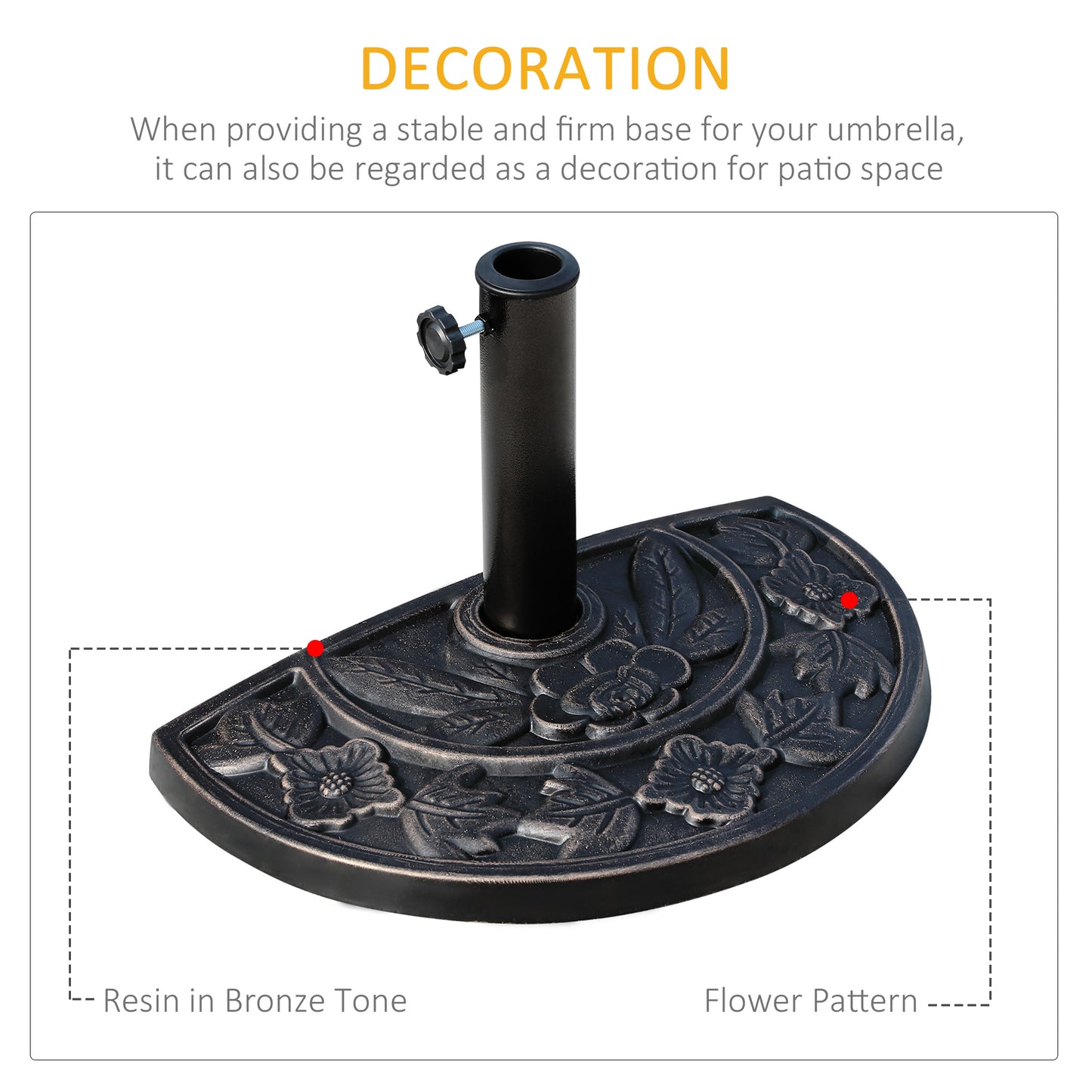 Outsunny 9kg Resin Parasol Base, Half Round Umbrella Stand with Floral Design for Garden, Outdoor, Suitable Umbrella Rod: Φ3.8cm, Φ4.8cm, Bronze Tone