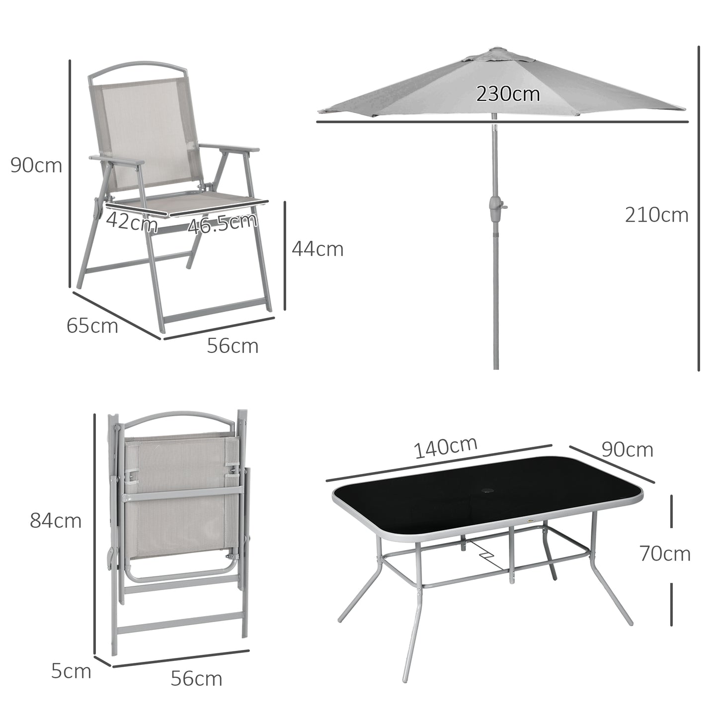 Outsunny Eight-Piece Garden Dining Set, with Chairs, Table and Parasol - Grey