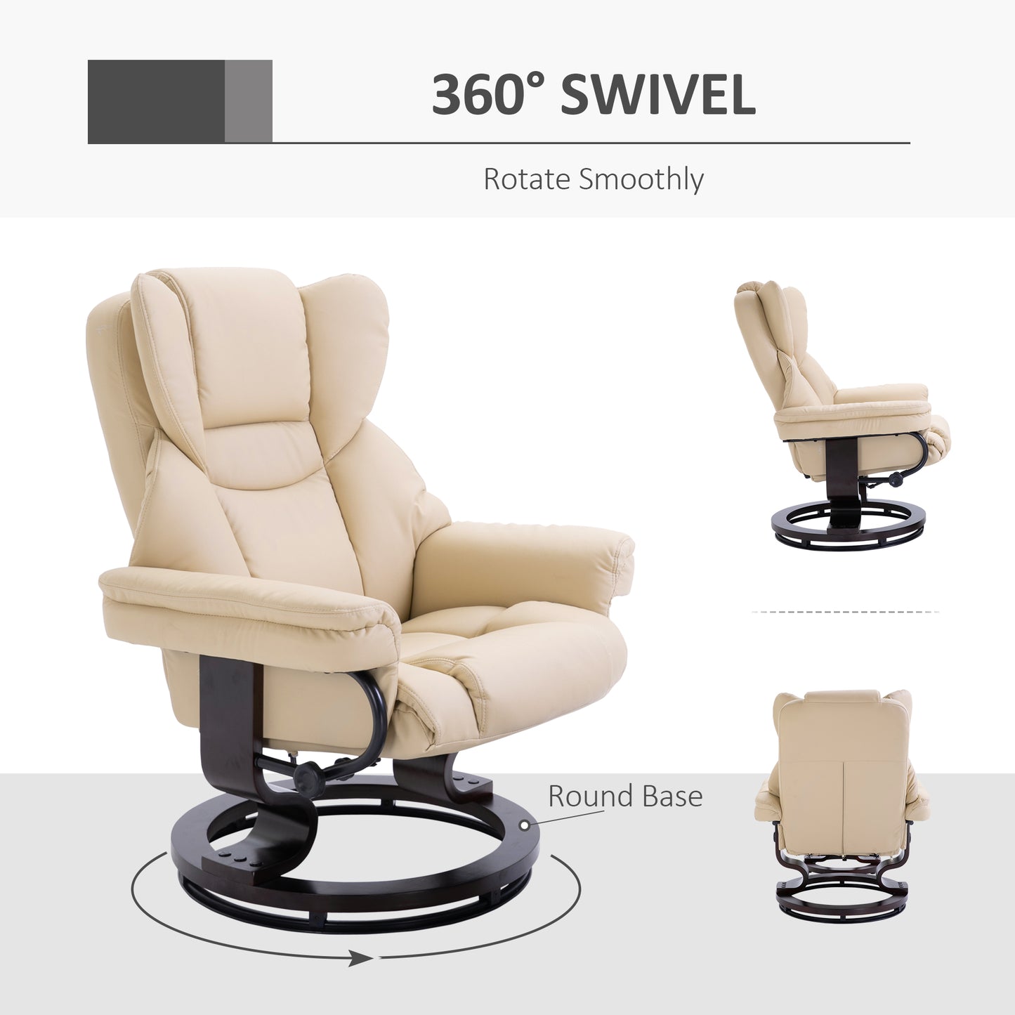 HOMCOM 360° Swivel Recliner Chair with Footstool, PU Leather Manual Recliner Armchair with Footstool, Solid Wood Base, Upholstered Reclining Chair for Living Room, Bedroom, Office, Cream