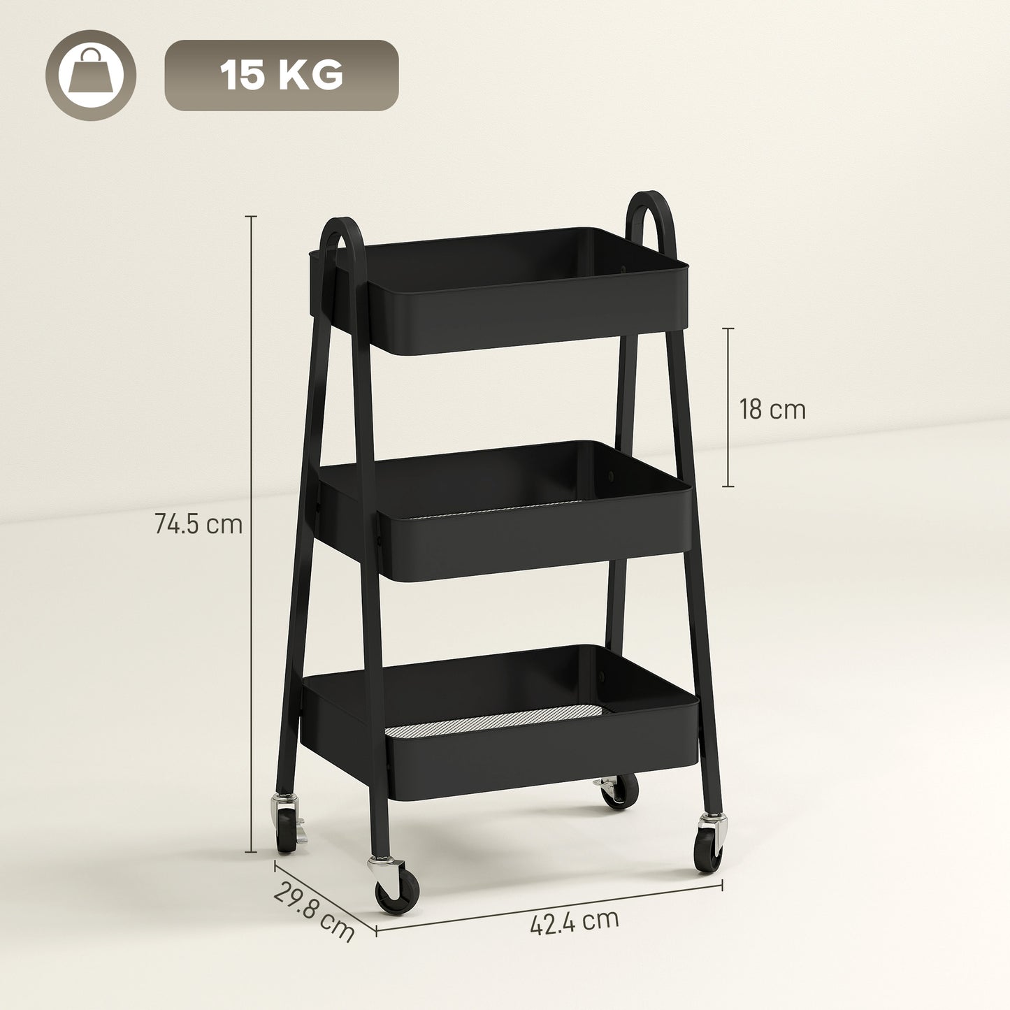HOMCOM Three-Tier Storage Trolley - Black