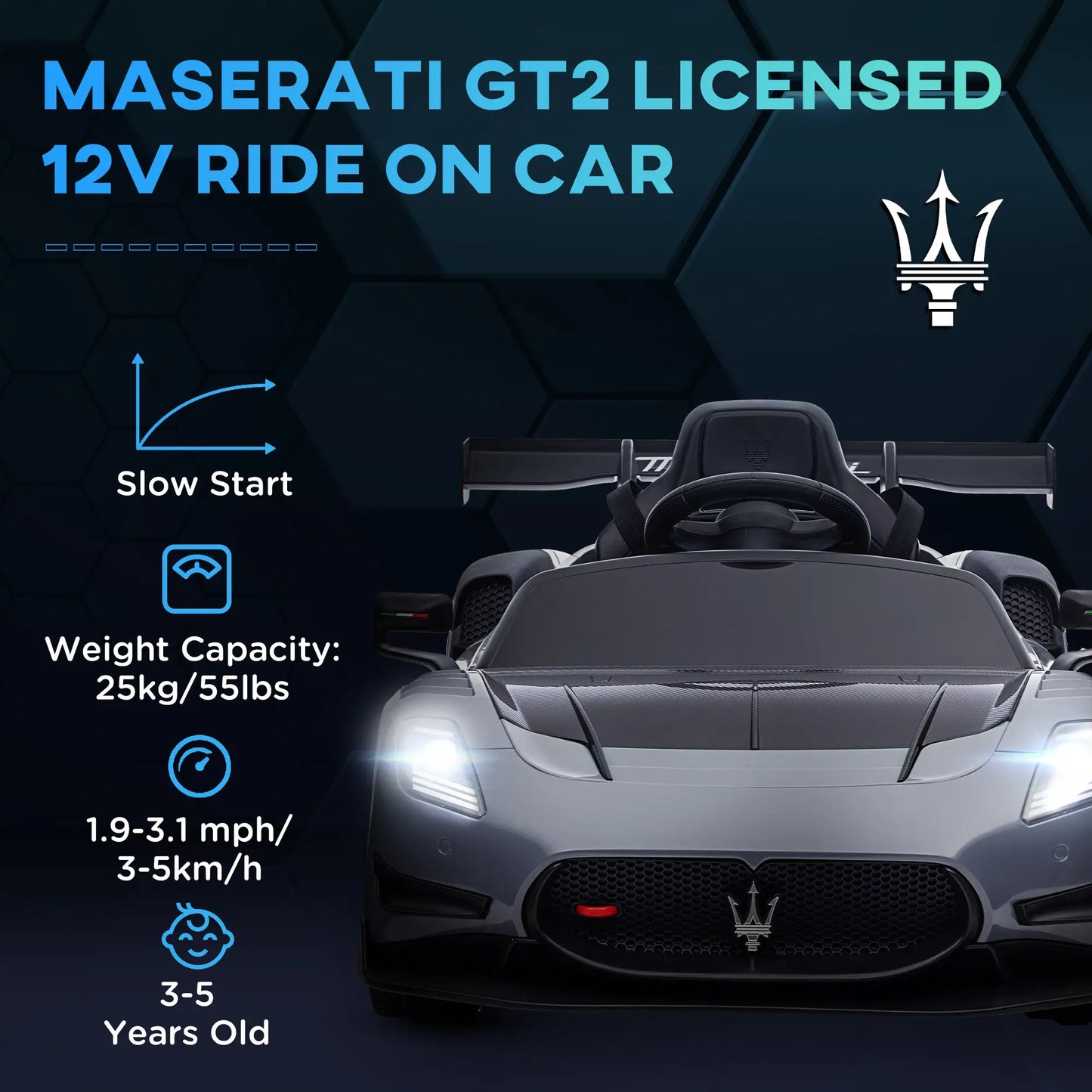 Maserati GT2 Licensed 12V Kids Electric Ride on Car with 4 Suspension Wheels, Remote Control, Music, Horn, Lights, Grey