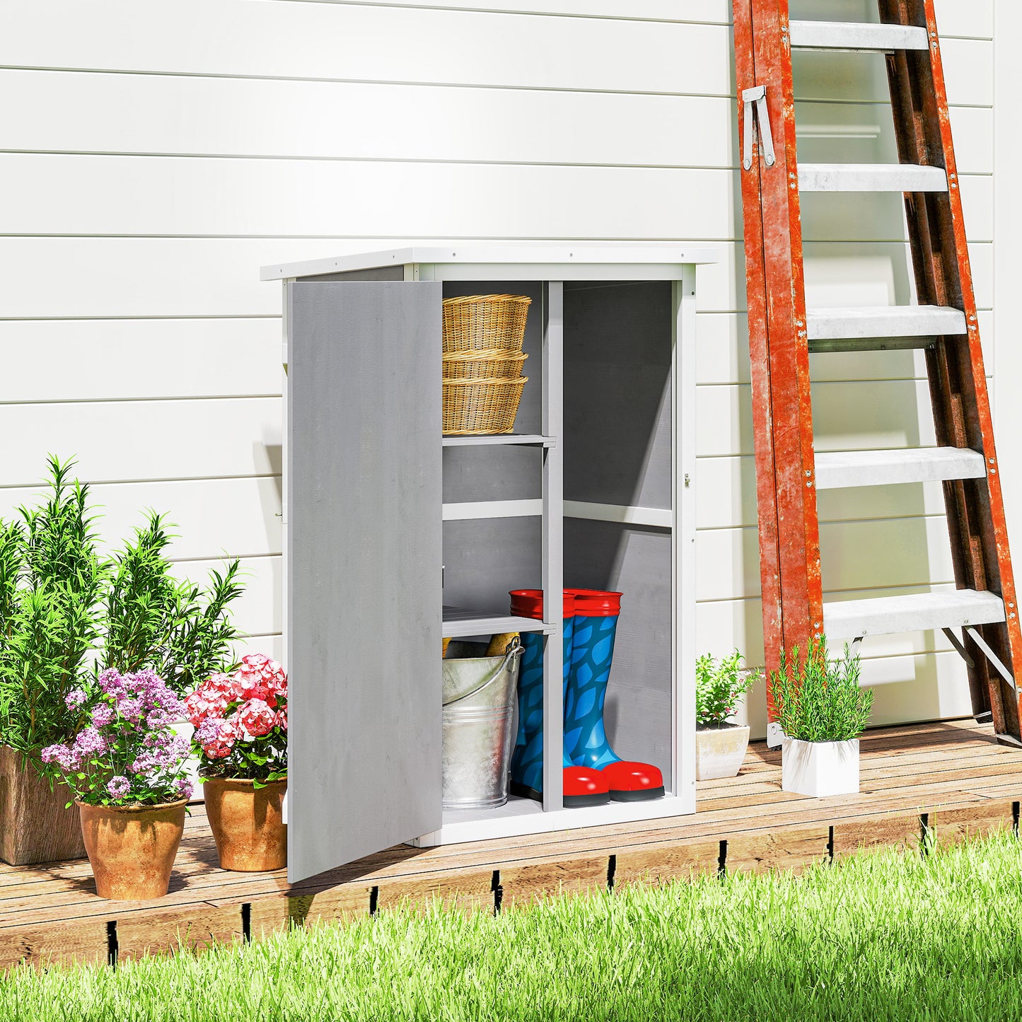 Outsunny Wooden Small Shed, Garden Storage Shed with Shelves and Bolt Latch, 75L x 56W x115H cm, Grey