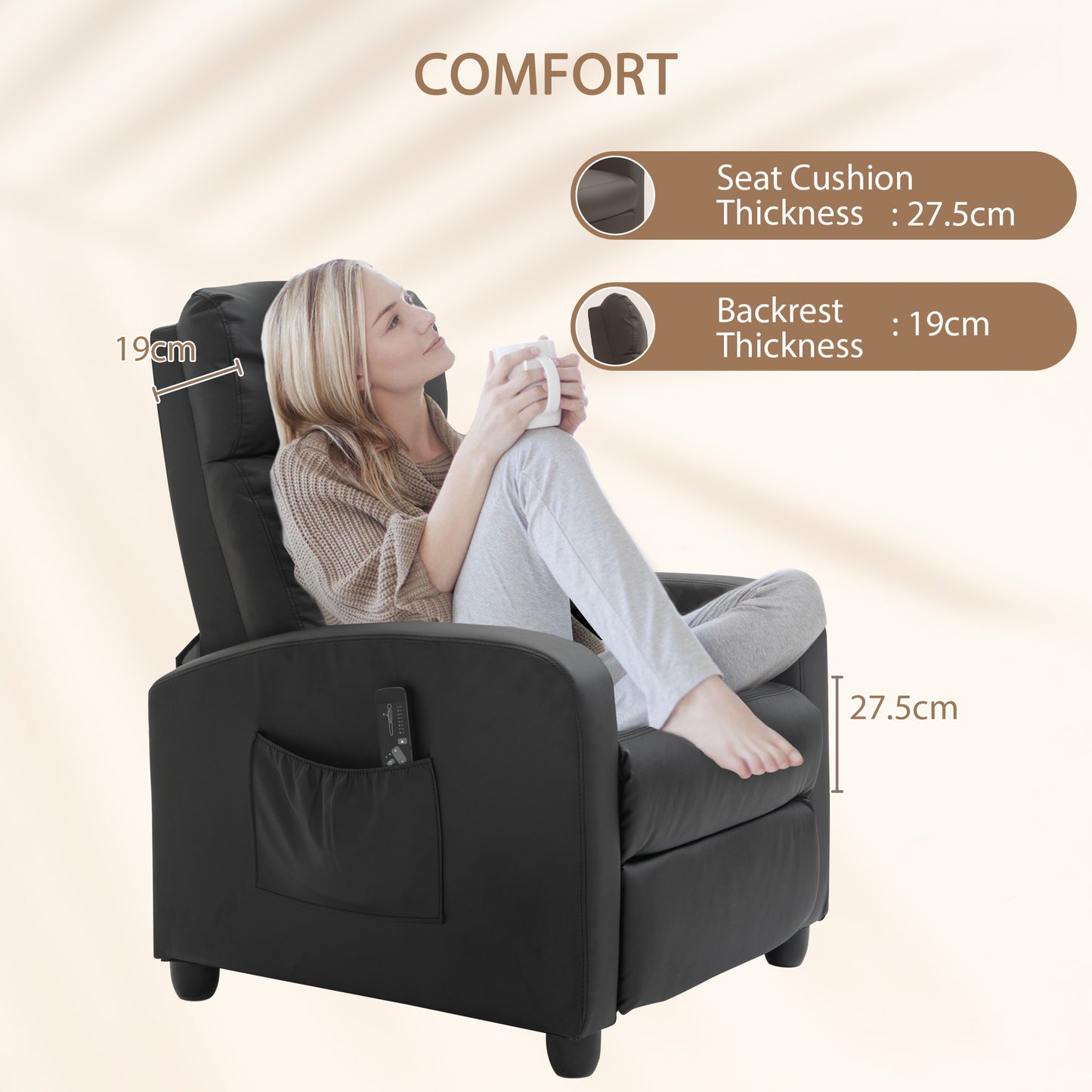 HOMCOM Massage Recliner Armchair with 150° Recline, Faux Leather, Side Pocket, Black